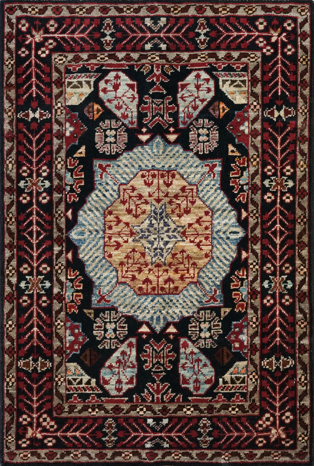 2x3 Ft Hand Knotted Mamluk Rug - Black & Red Oriental Accent Rug
