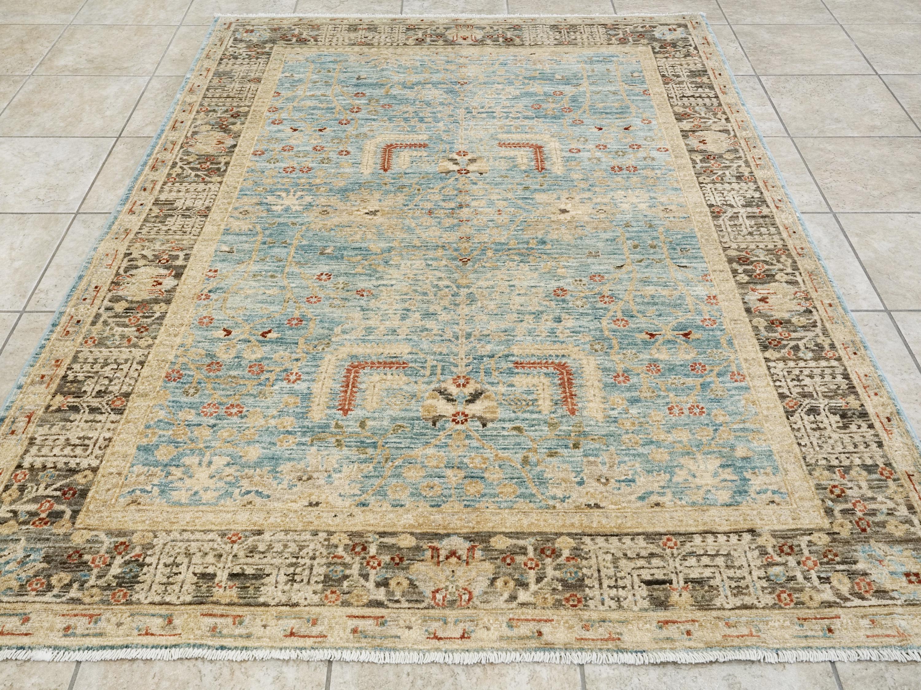 5x7 Ft Blue Floral Persian Rug - Hand Knotted Oriental Rug