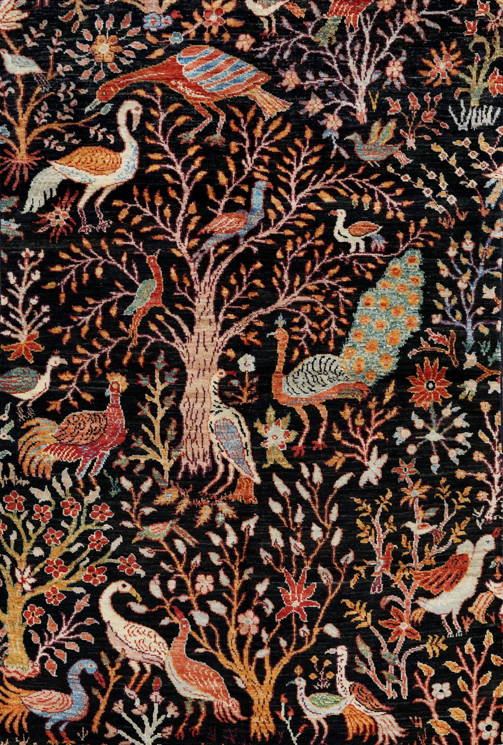 4x6 Ft Black Bird Rug - Hand Knotted Oriental Rug