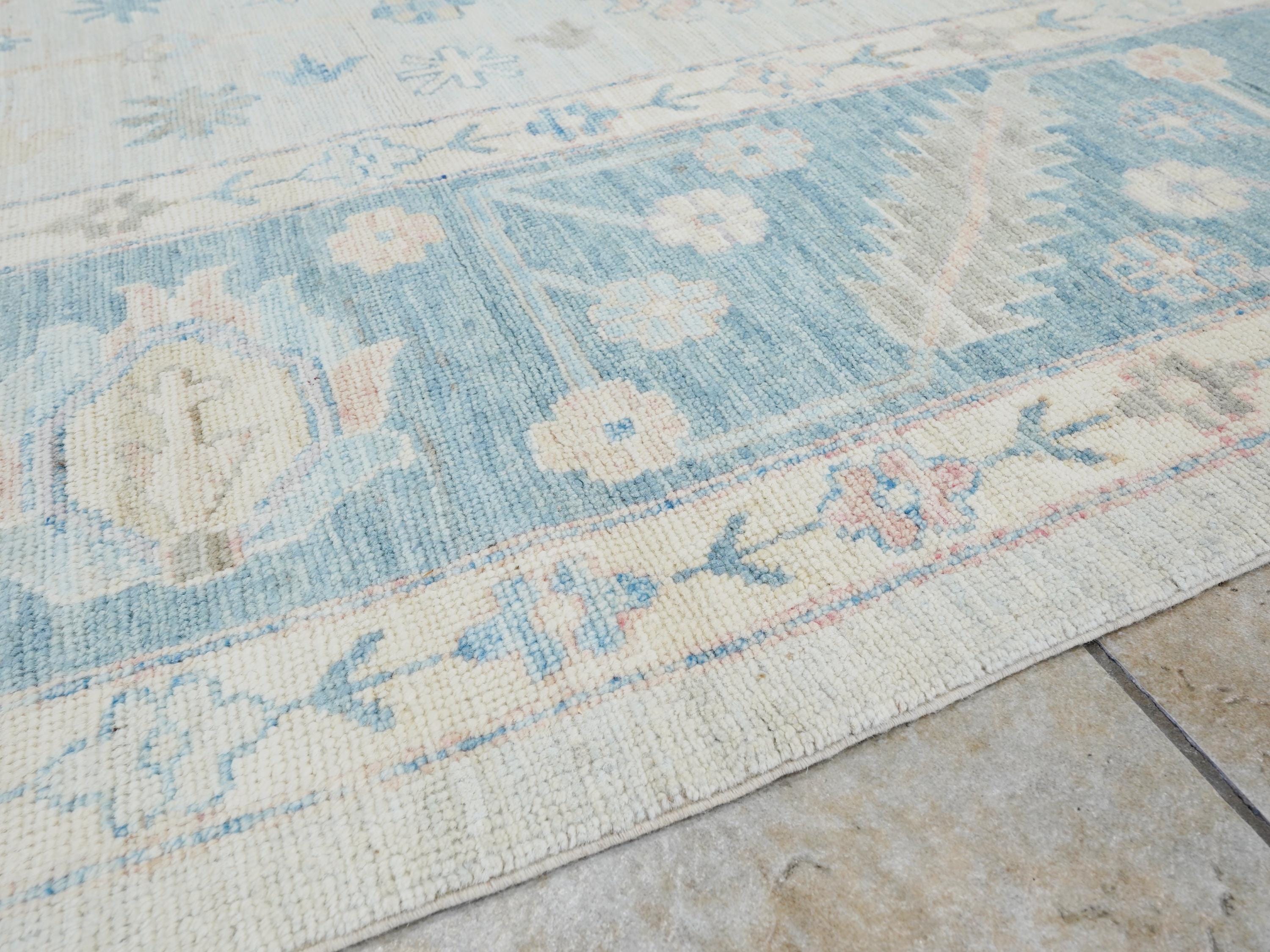 10x14 Ft Blue Oushak Rug - Hand Knotted Afghan Rug - Turkish Floral Design