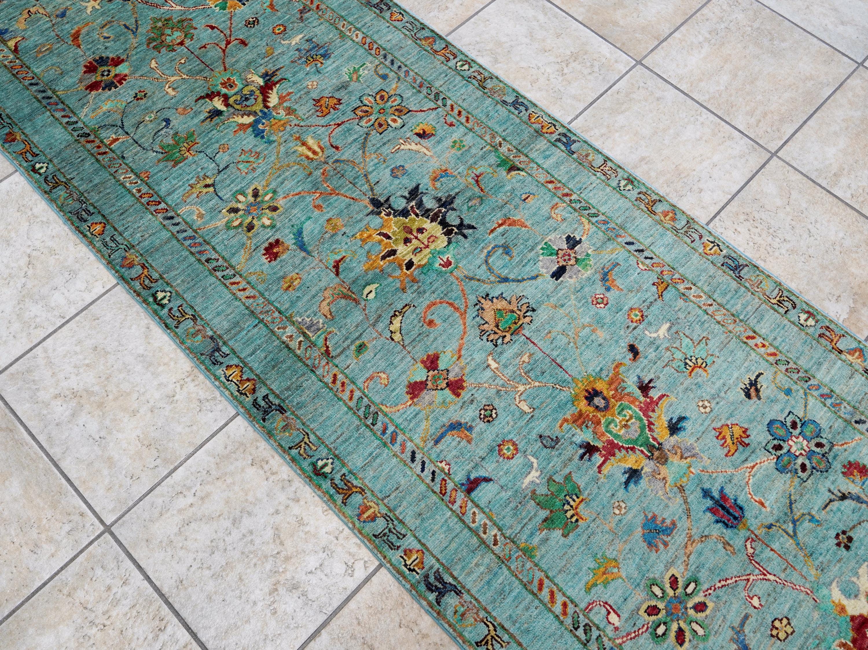 9 Ft Cyan Serapi Runner Rug - Hand Knotted Hallway Rug - Persian Design