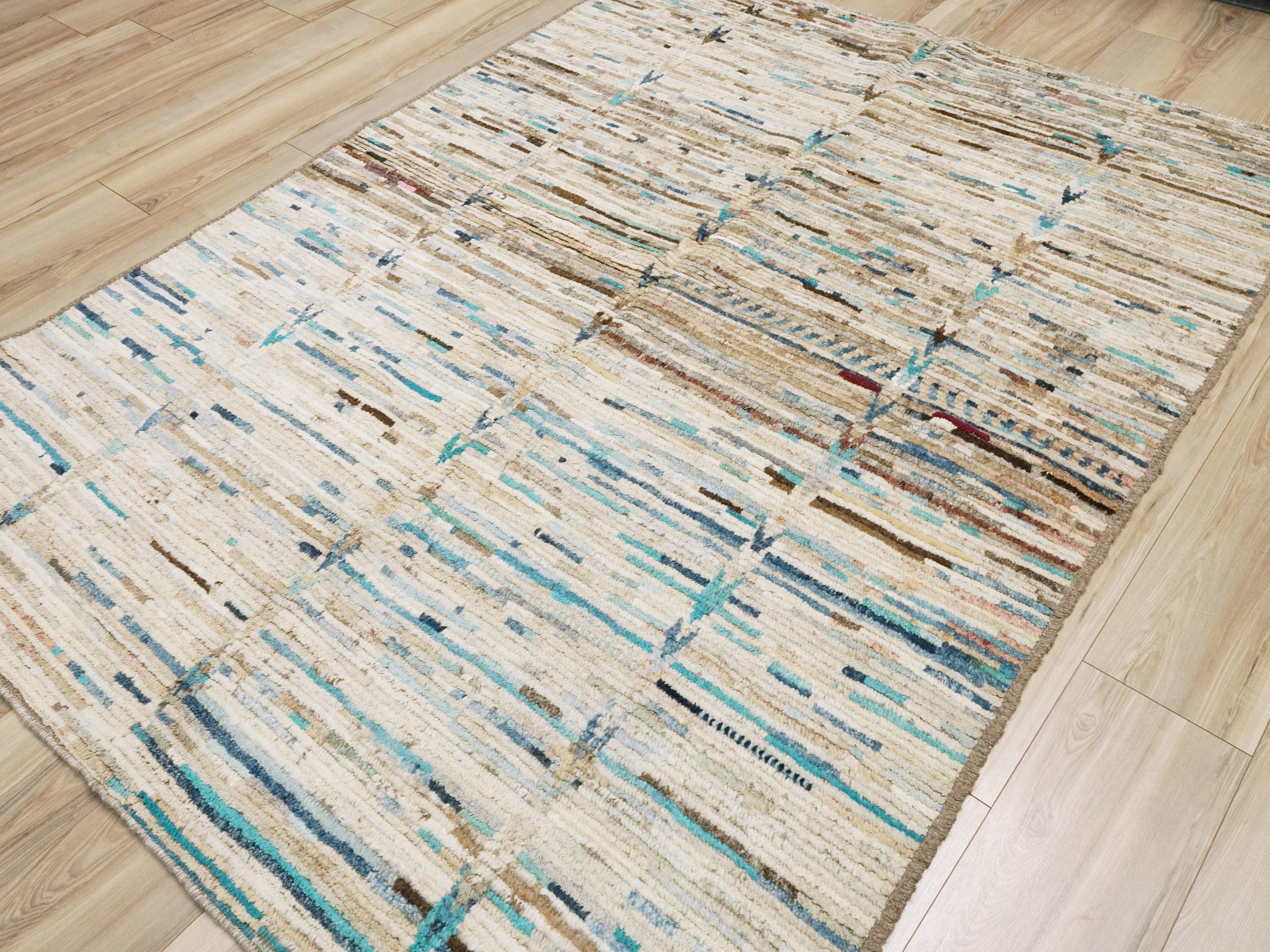 5x8 Ft Beige & Blue Moroccan Rug - Wool Area Rug