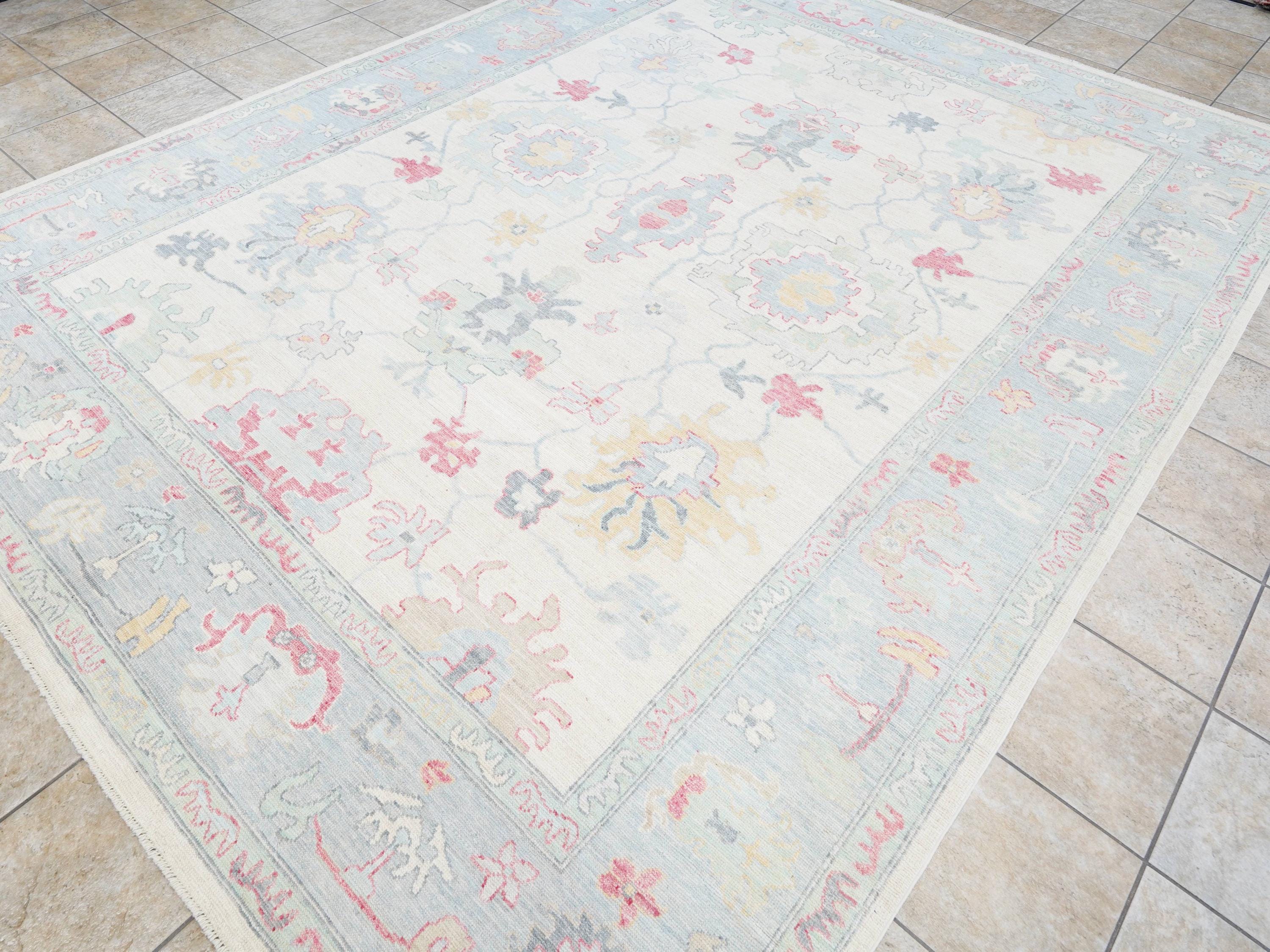 9x12 Ft White Pastel Oushak Rug - Handmade Area Rug - Floral Design