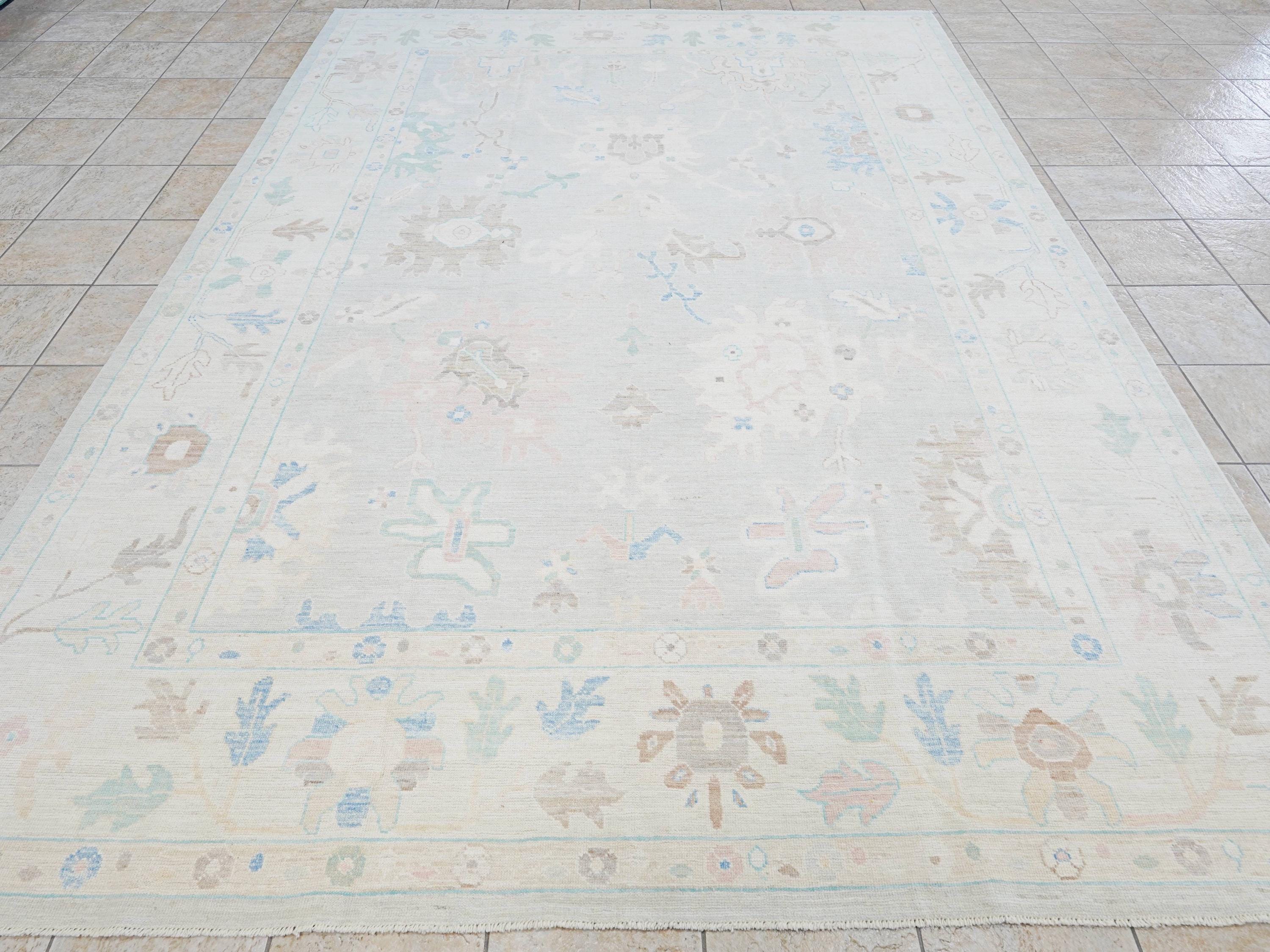 9x12 Ft Pastel Oushak Rug - Handmade Area Rug - Floral Design