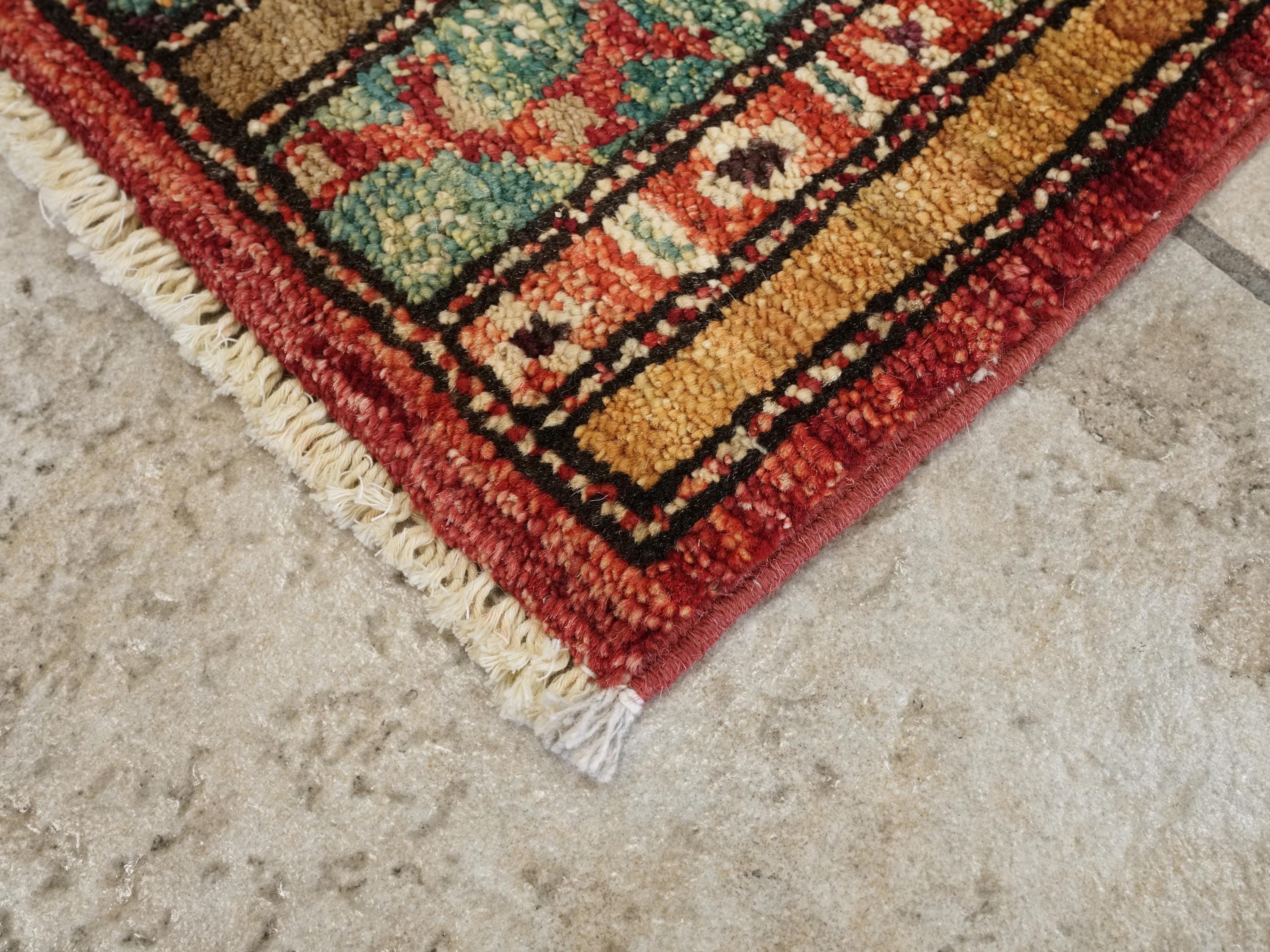 1x2 Ft Hand Knotted Heriz Rug - Red & Green Afghan Wool