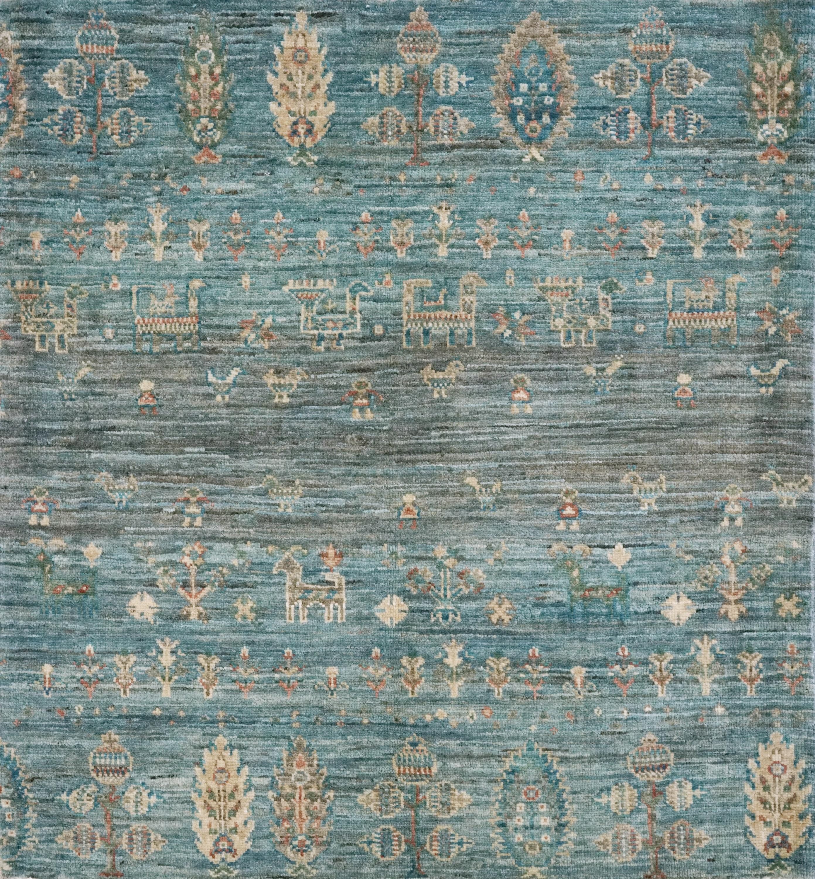 3x3 Ft Cyan Serapi Rug - Hand Knotted Wool Oriental Rug - Floral Design