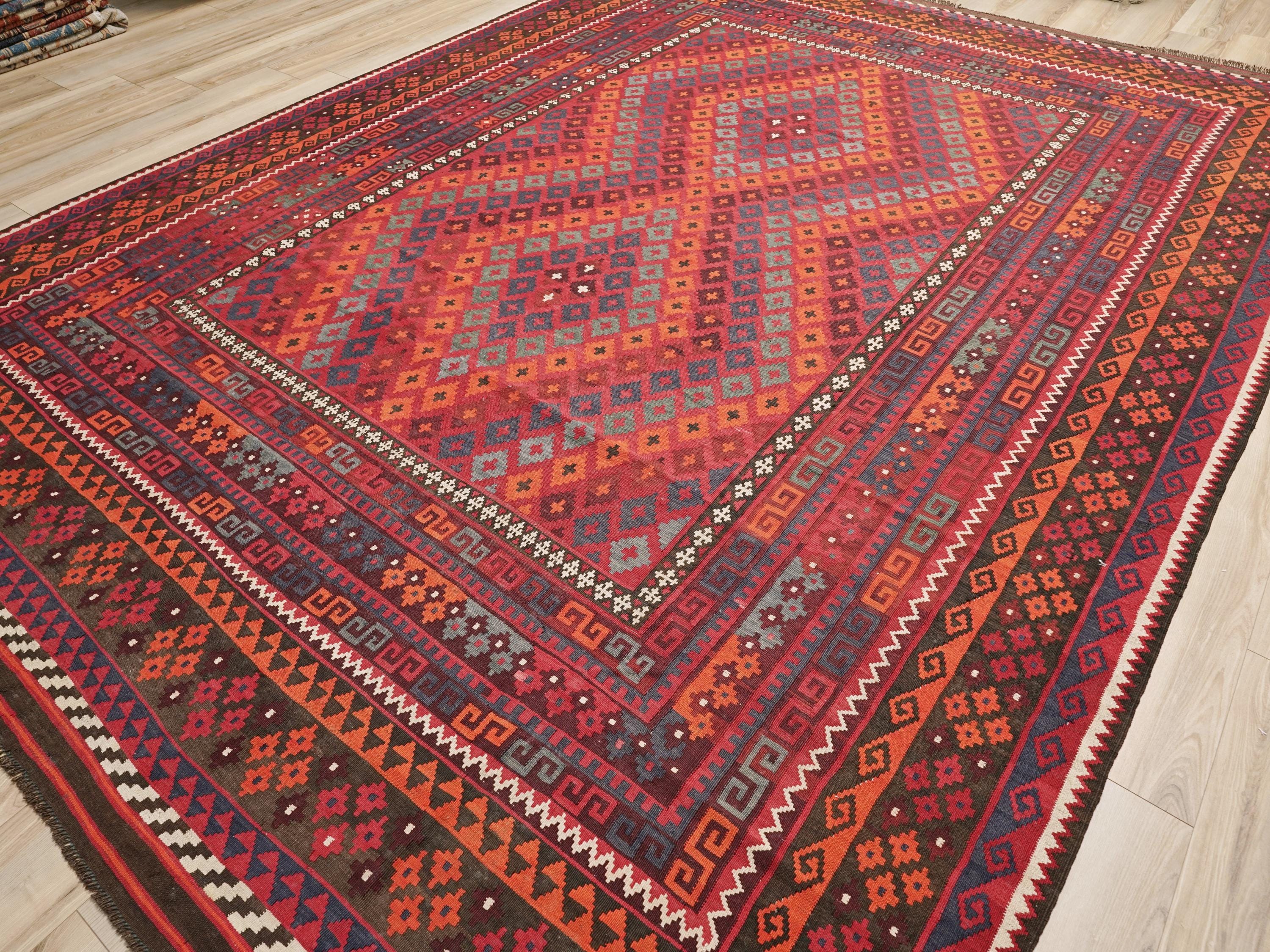 10x14 Ft Red Maimana Kilim Rug - Large Vintage Afghan Tribal Rug