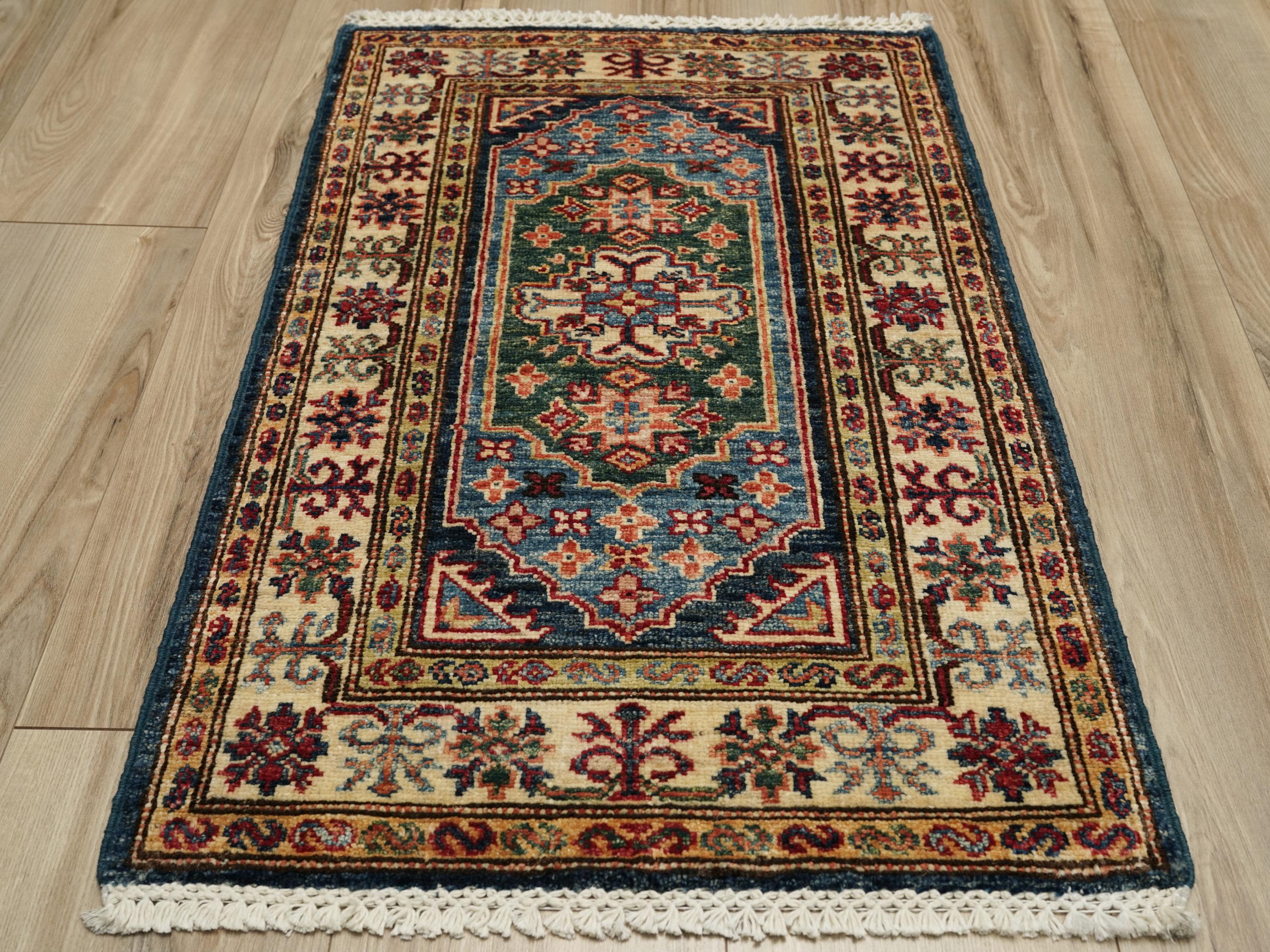 2x3 Ft Blue Beige Kazak Rug - Afghan Wool Accent Rug