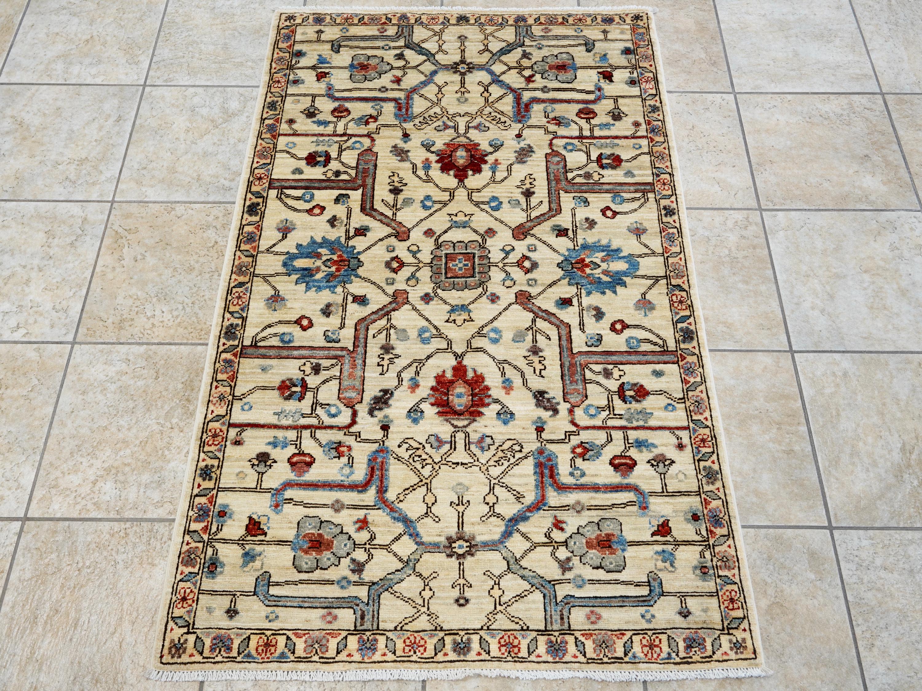 3x5 Ft Beige Heriz Rug - Handmade Afghan Rug