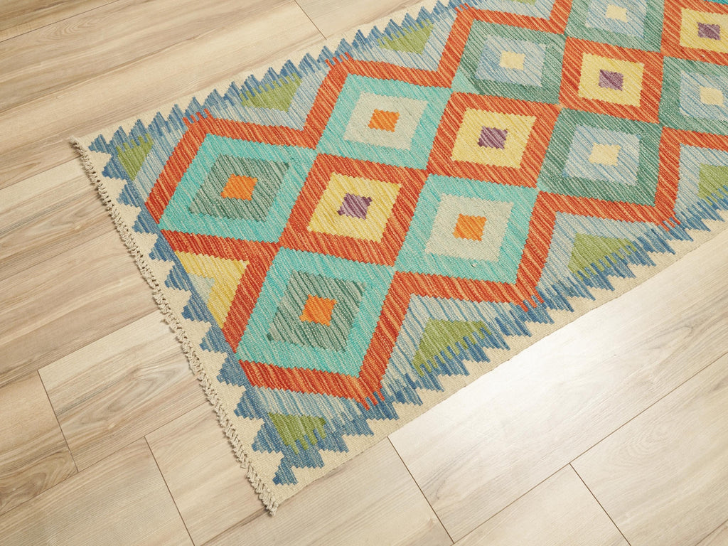 9 Ft Kilim Runner Rug - Green & Orange Traditional Afghan Rug