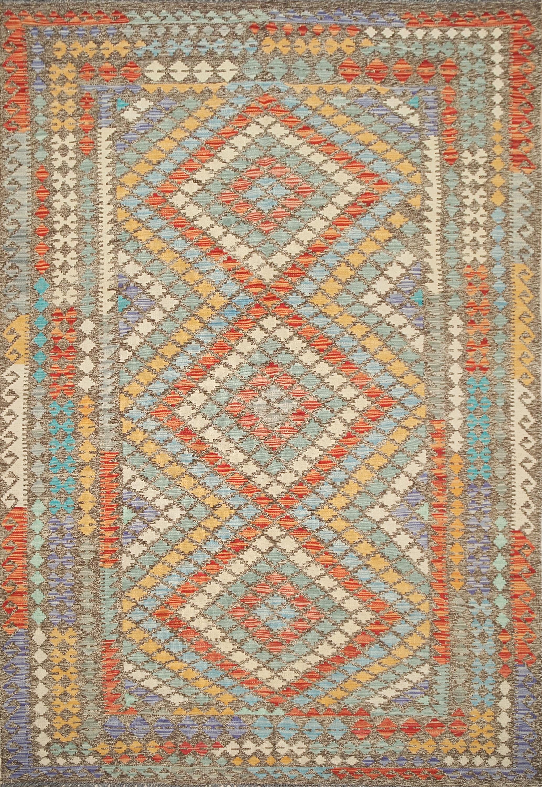 5x8 Ft Red & Orange Wool Kilim Rug - Flat Weave Scandinavian Tribal Design