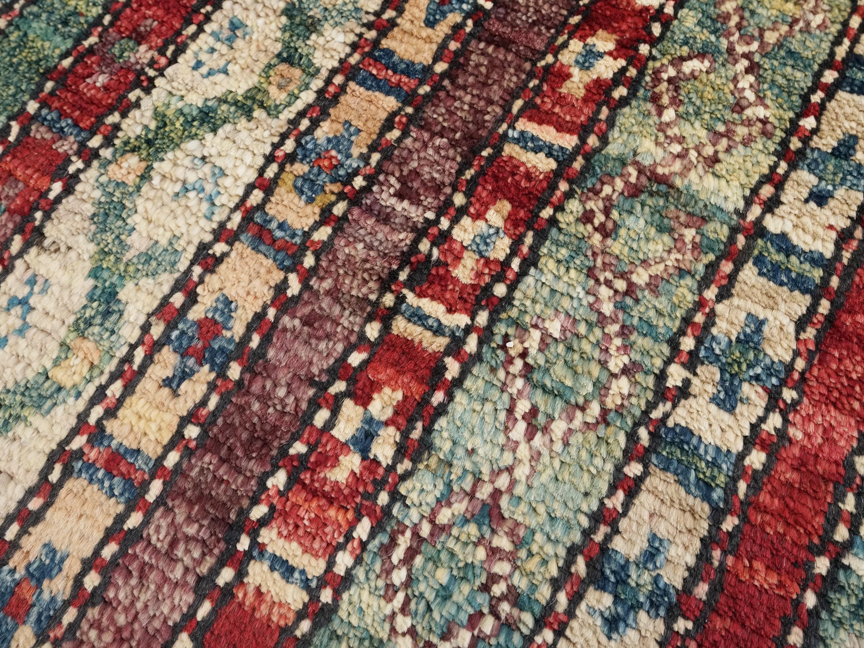 1x2 Ft Hand Knotted Heriz Rug - Red & Green Afghan Wool