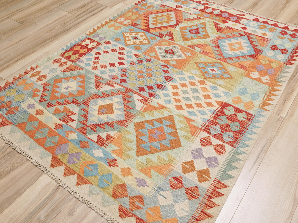 5x6 Ft Orange Kilim Rug - Afghan Flat Weave
