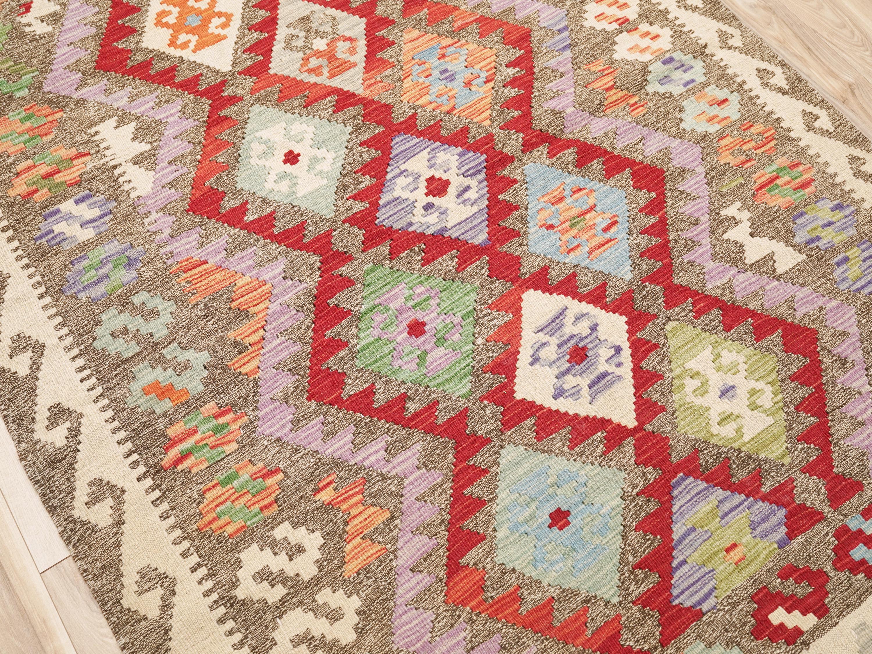 4x6 Ft Red Maimana Kilim Rug - Handwoven Afghan Flat Weave