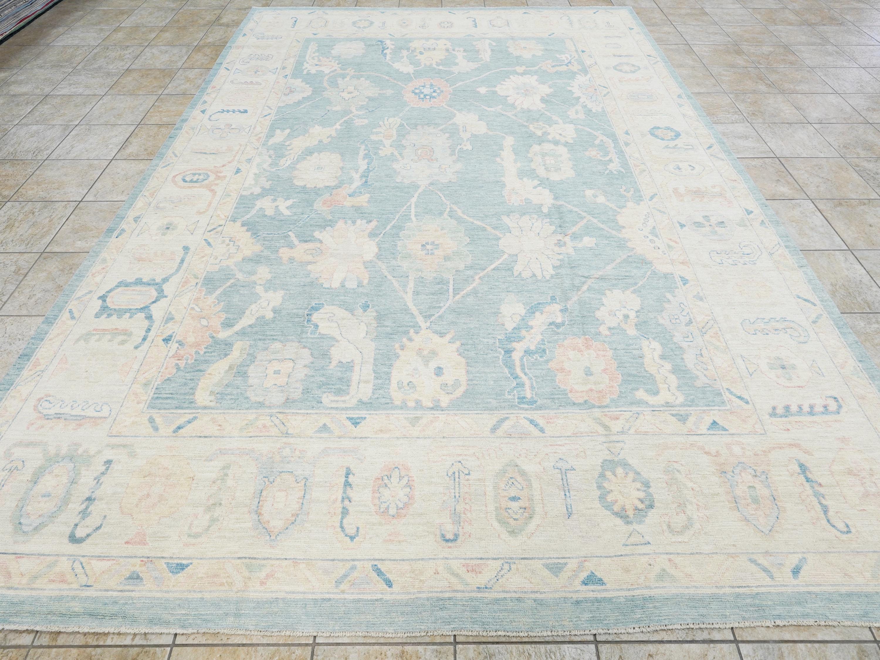 10x14 Ft Light Blue Ushak Rug - Hand Knotted Wool Area Rug