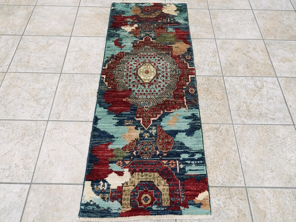 2x5 Ft Blue Mamluk Rug - Hand Knotted Wool Hallway Runner