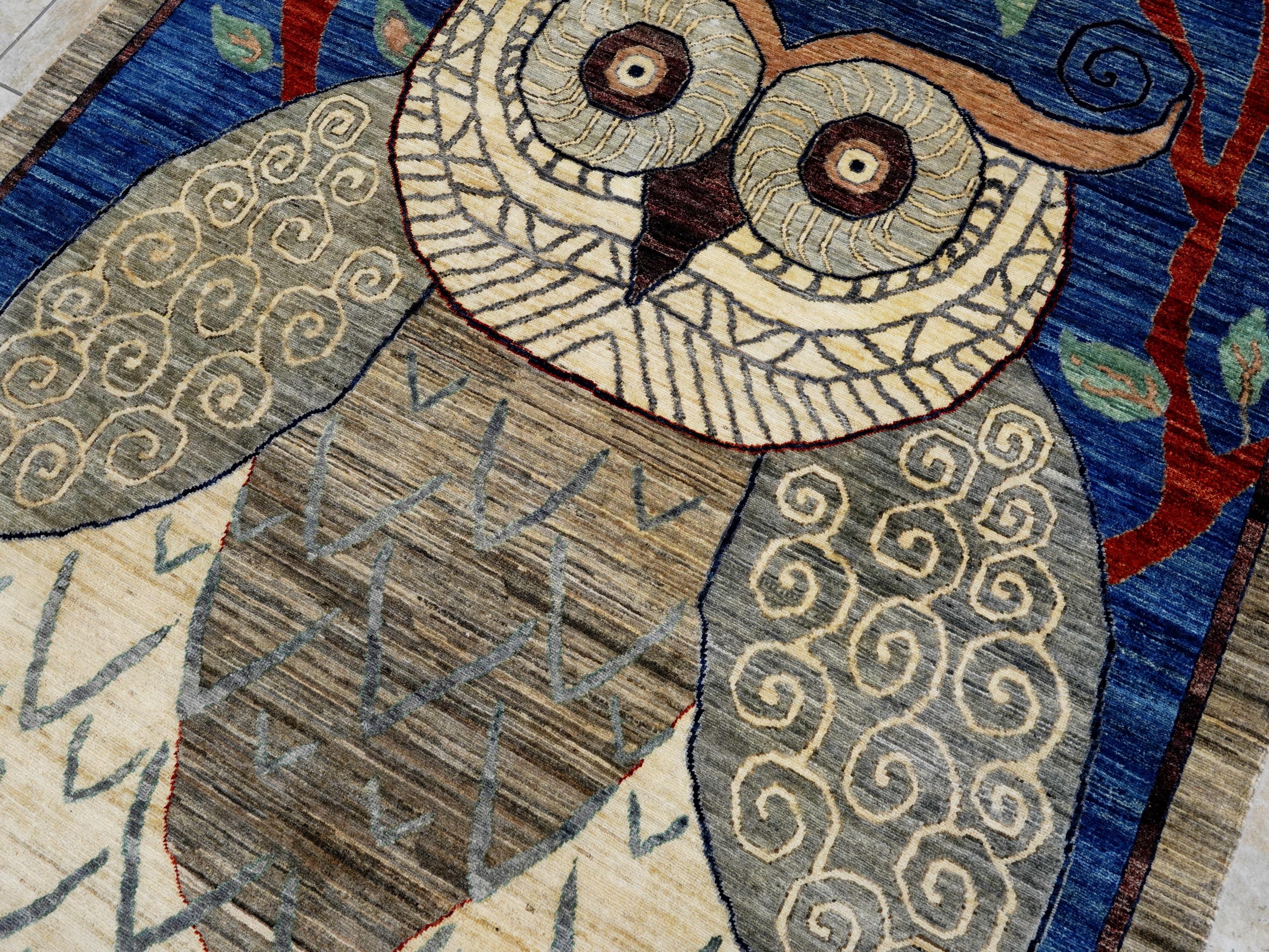 6x9 Ft Owl Rug - Hand Knotted Wool Gabbeh Rug - Animal Design