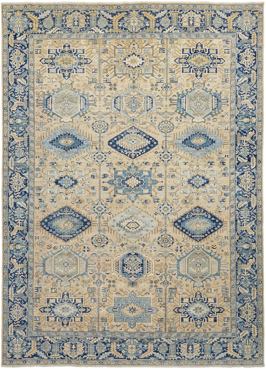10x14 Ft Beige & Blue Heriz Rug - Hand Knotted Antique Rug