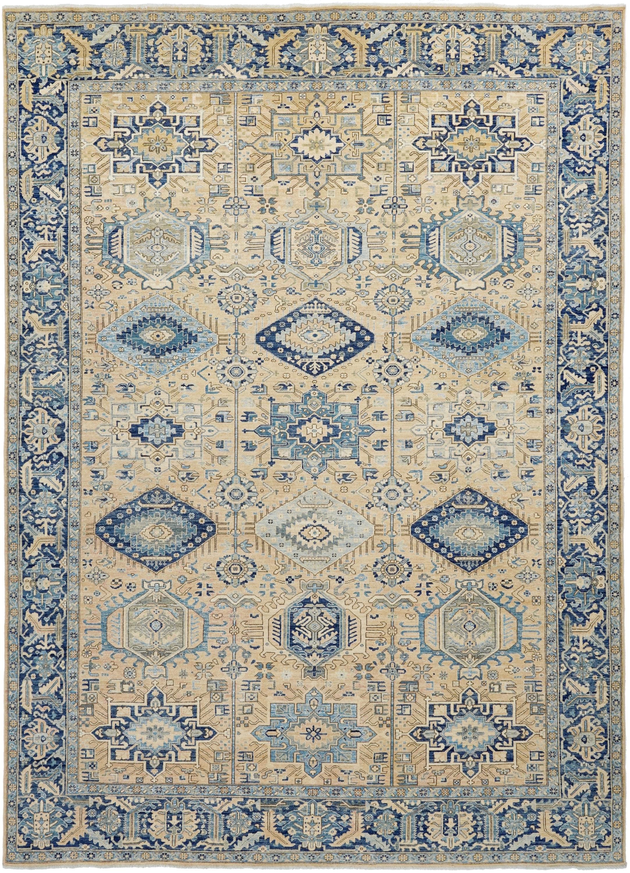 10x14 Ft Beige & Blue Heriz Rug - Hand Knotted Antique Rug