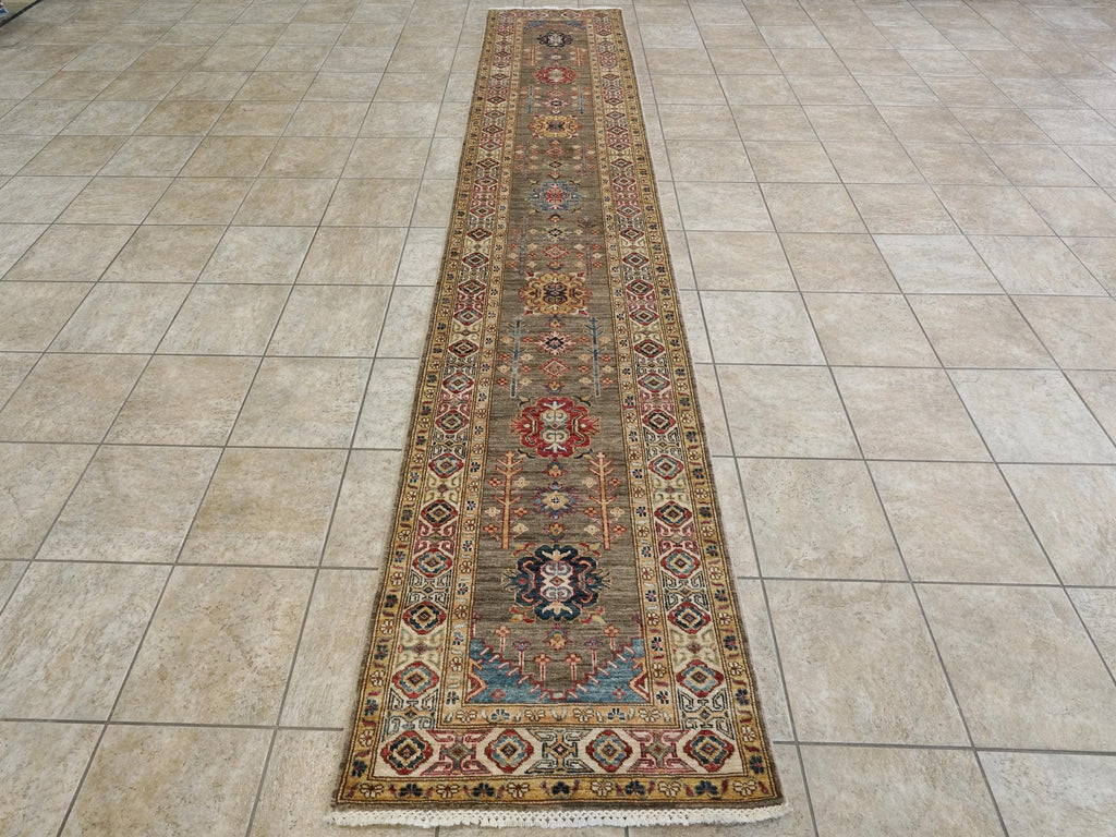 13 Ft Brown Kazak Runner Rug - Hand Knotted Wool Hallway Rug