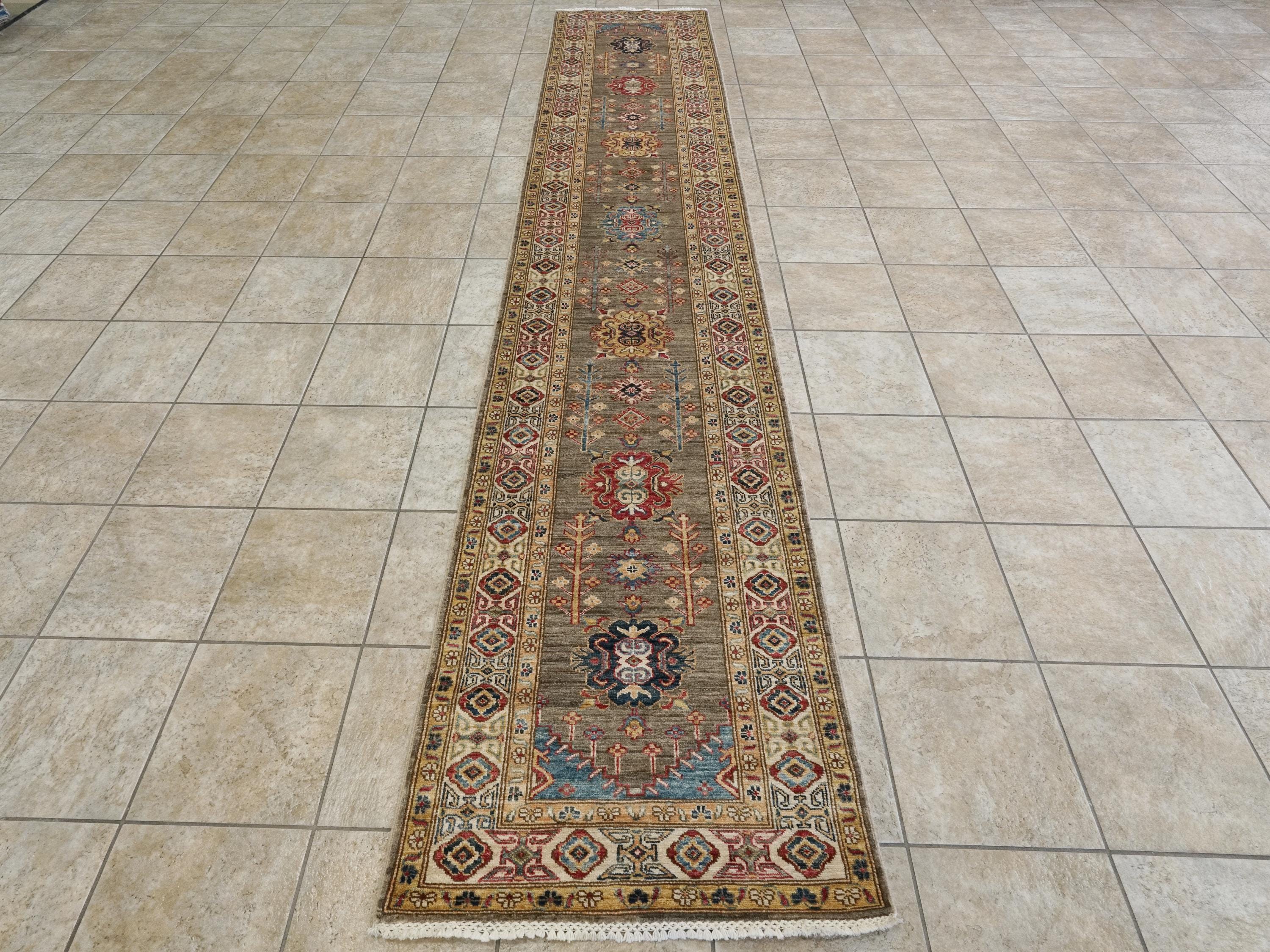 13 Ft Brown Kazak Runner Rug - Hand Knotted Wool Hallway Rug