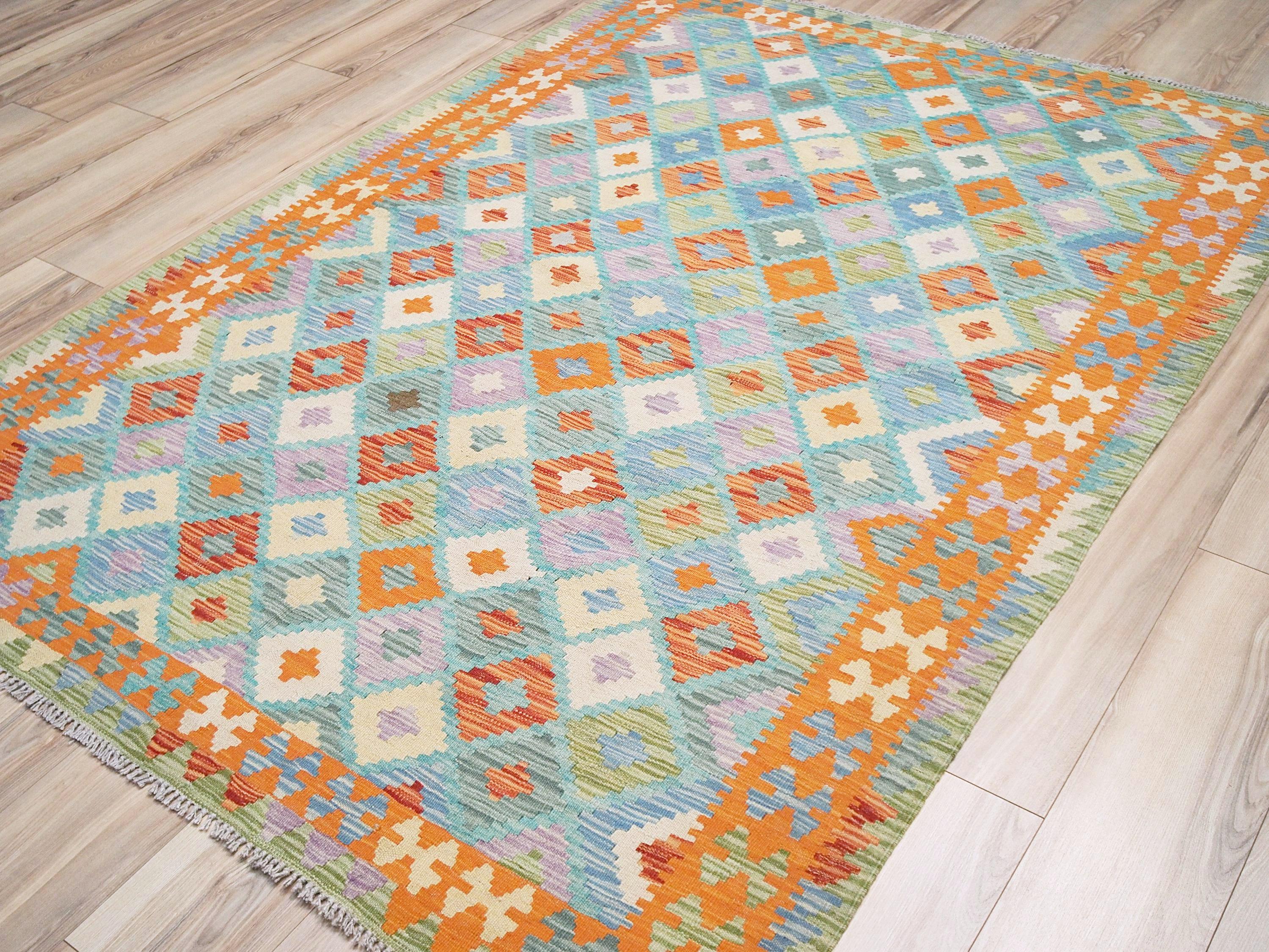 5x7 Ft Orange & Blue Kilim Rug - Handwoven Afghan Flat Weave