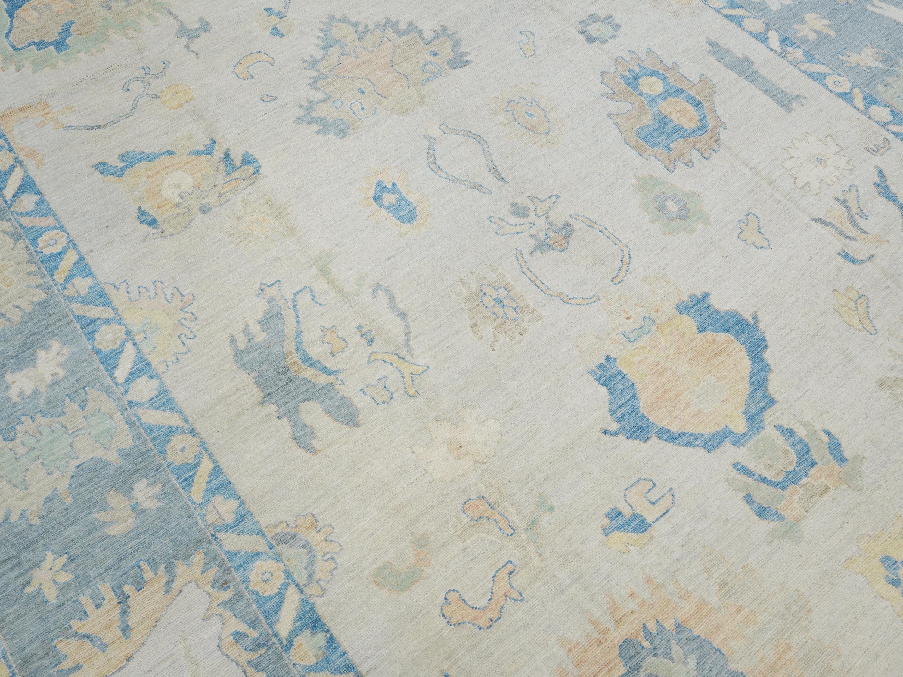 10x14 Ft Muted Blue & Orange Oushak Rug - Hand Knotted Afghan Rug - Turkish Floral Design