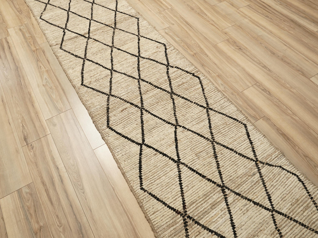 15 Ft Handmade Wool Moroccan Runner Rug: Beige Afghan Hallway Rug