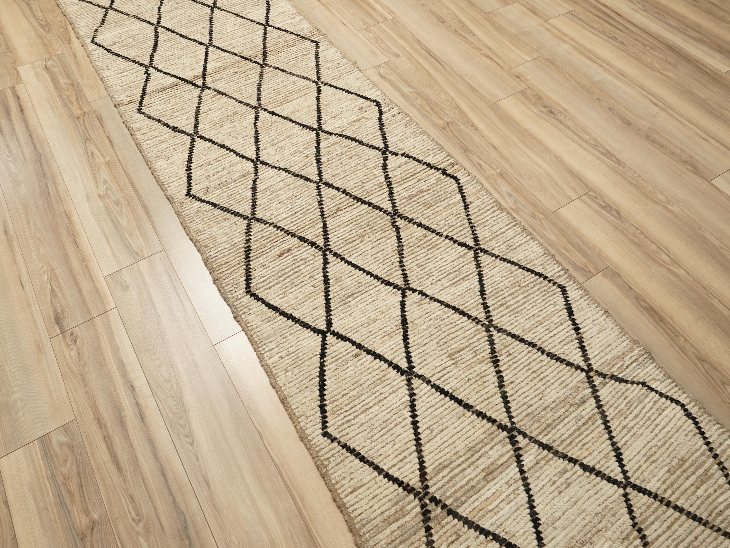 15 Ft Handmade Wool Moroccan Runner Rug: Beige Afghan Hallway Rug