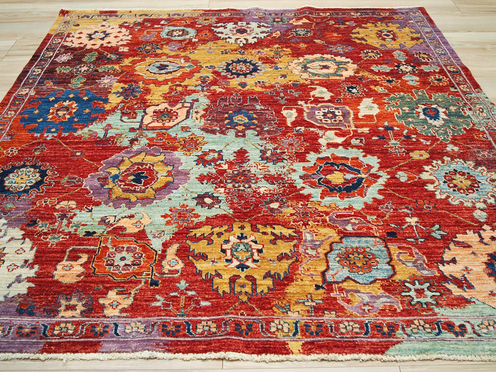 6x6 Ft Colorful Serapi Rug - Oriental Square Rug - Floral Design