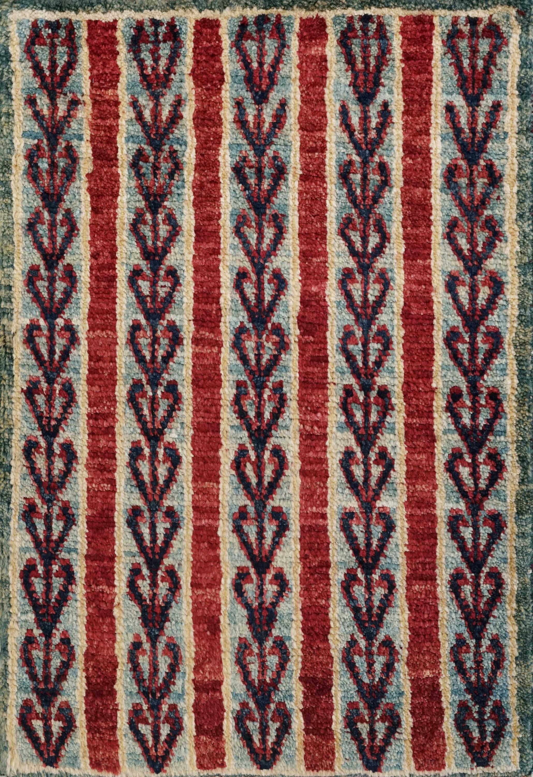 1x2 Ft Hand Knotted Heriz Rug - Red & Green Afghan Wool