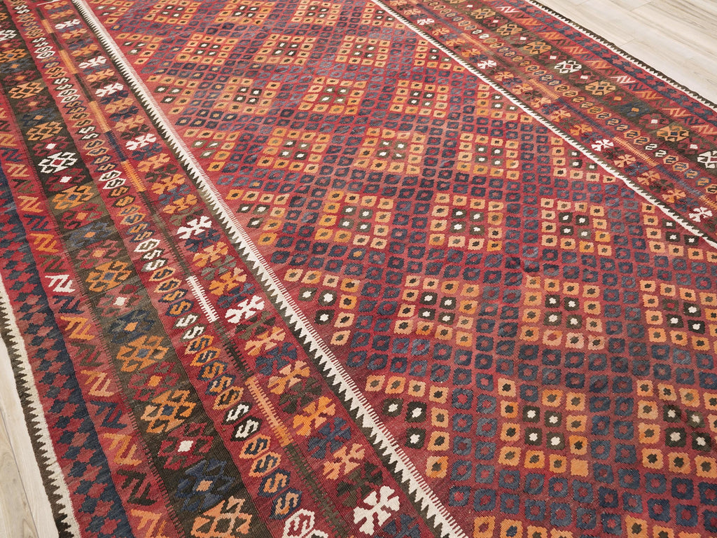 9x14 Ft Burgundy Maimana Kilim Rug - Vintage Flat Weave - Tribal Design