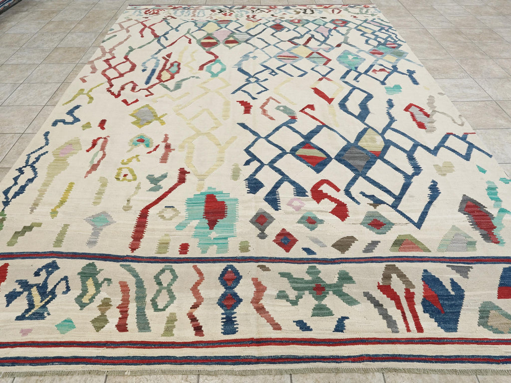 10x13 Ft Beige Kilim Rug - Handmade Afghan Wool Flatweave - Contemporary Design