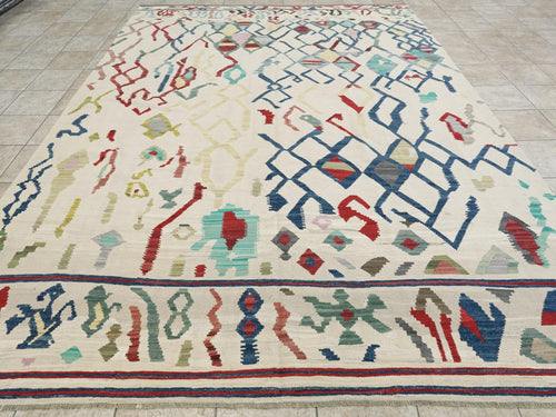 10x13 Ft Beige Kilim Rug - Handmade Afghan Wool Flatweave - Contemporary Design
