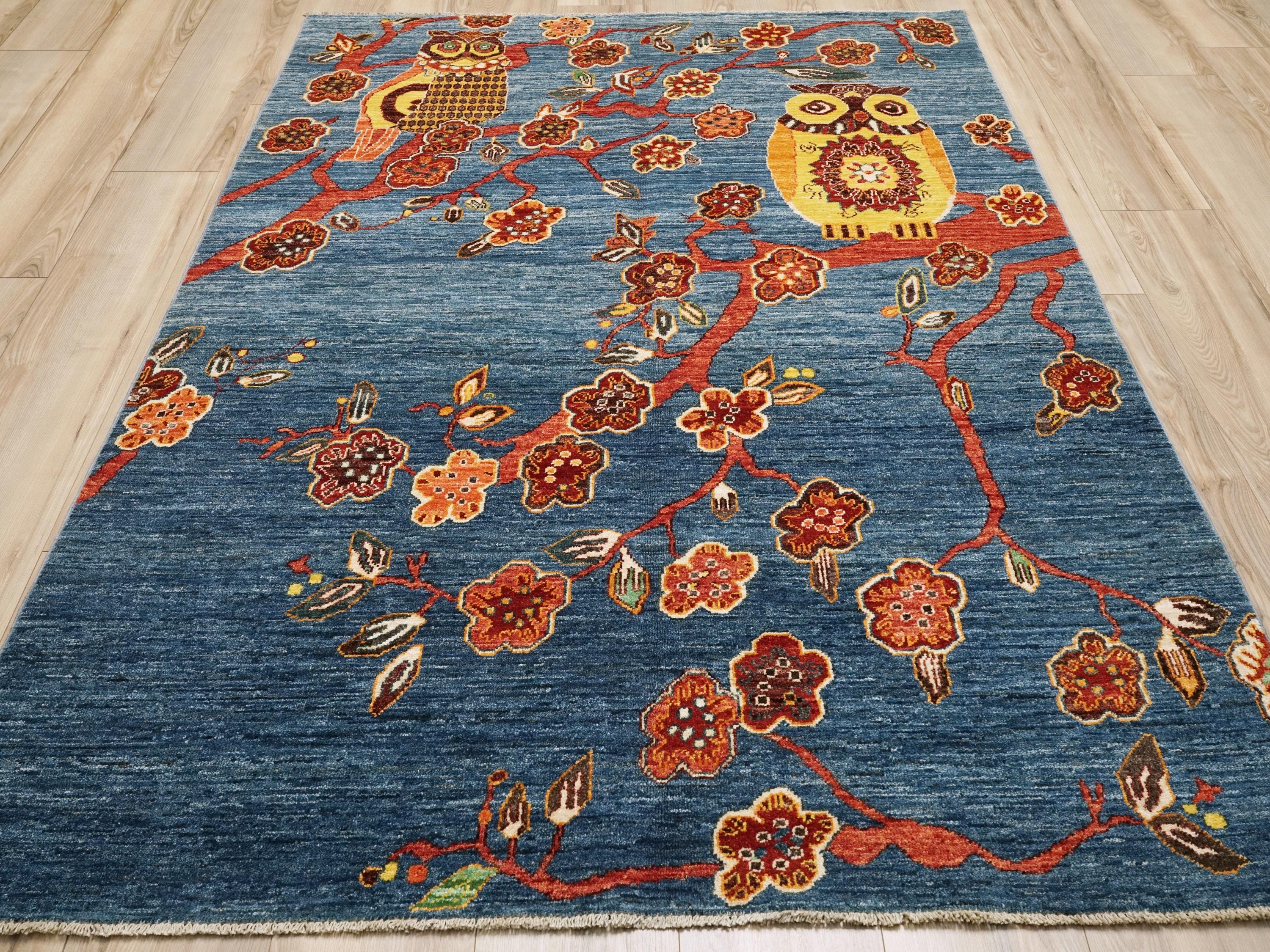 5x7 Ft Blue Owl Rug - Afghan Handmade Area Rug - Bird Design