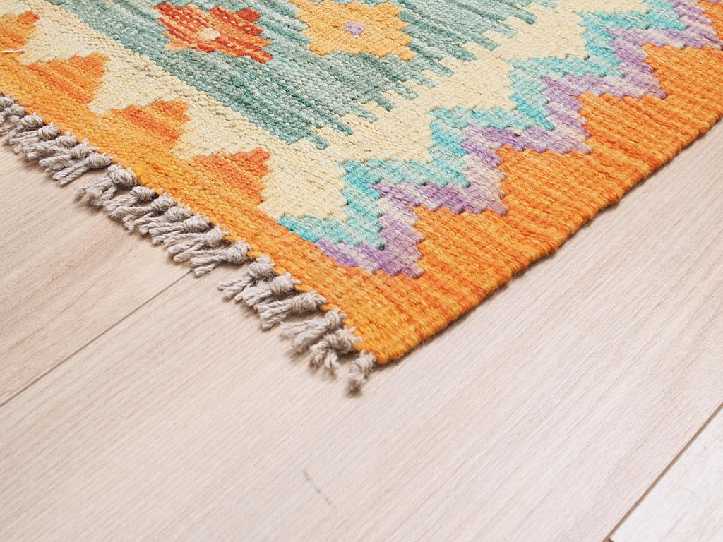 6x8 Ft Orange & Green Kilim Rug - Geometric Flatweave