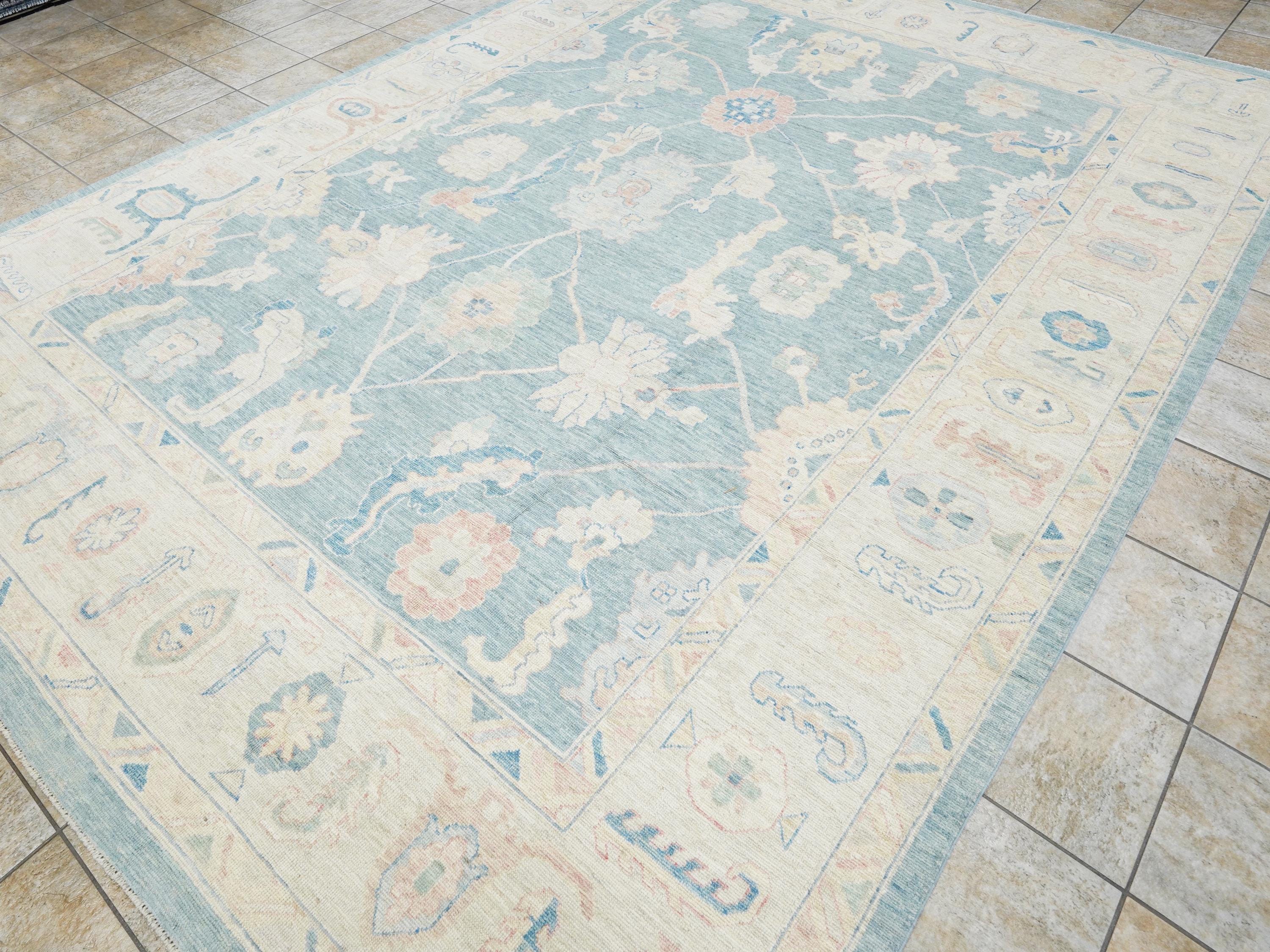 10x14 Ft Light Blue Ushak Rug - Hand Knotted Wool Area Rug