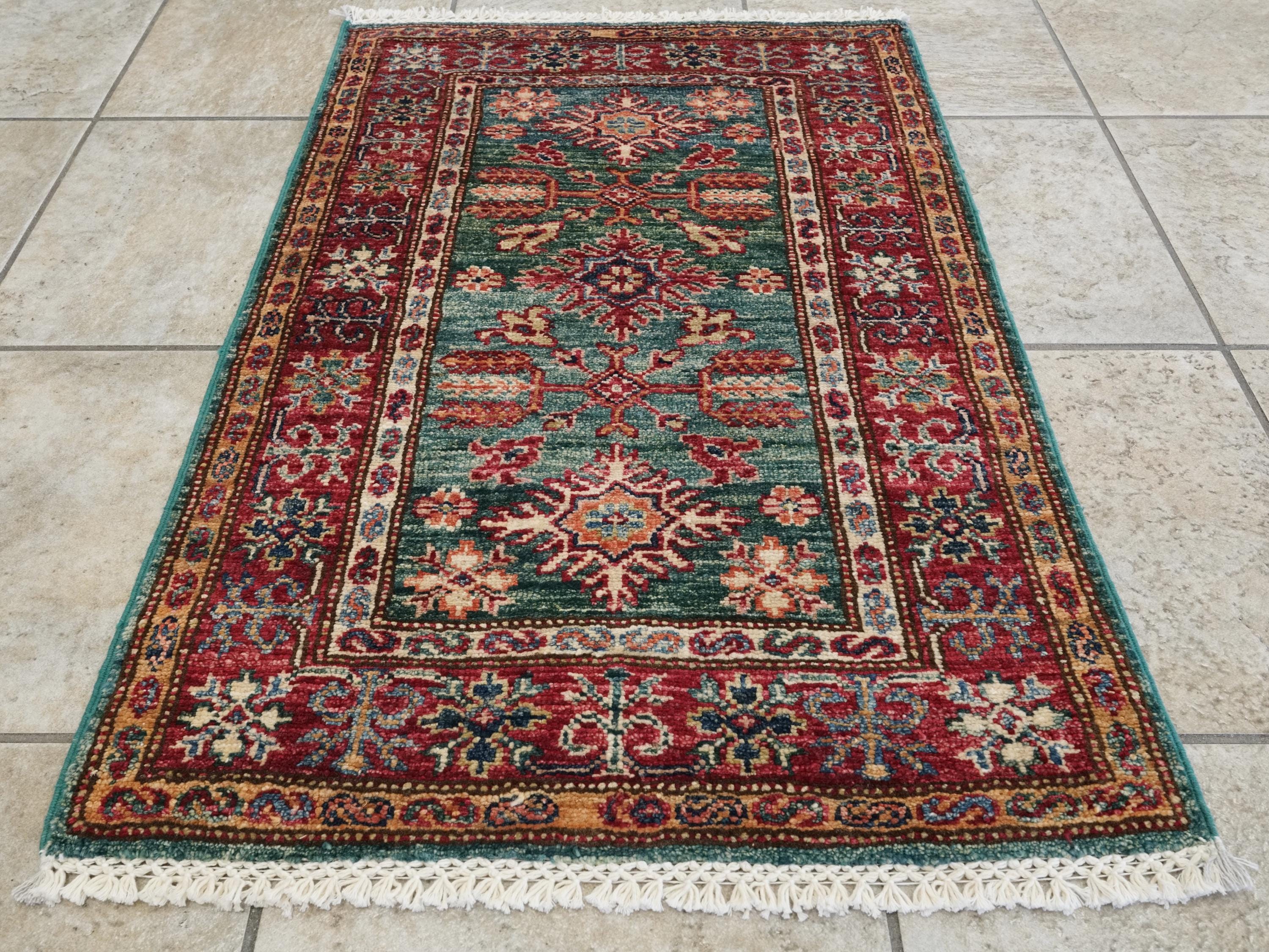 2x3 Ft Handmade Green Wool Kazak Rug - Afghan Oriental Accent Rug