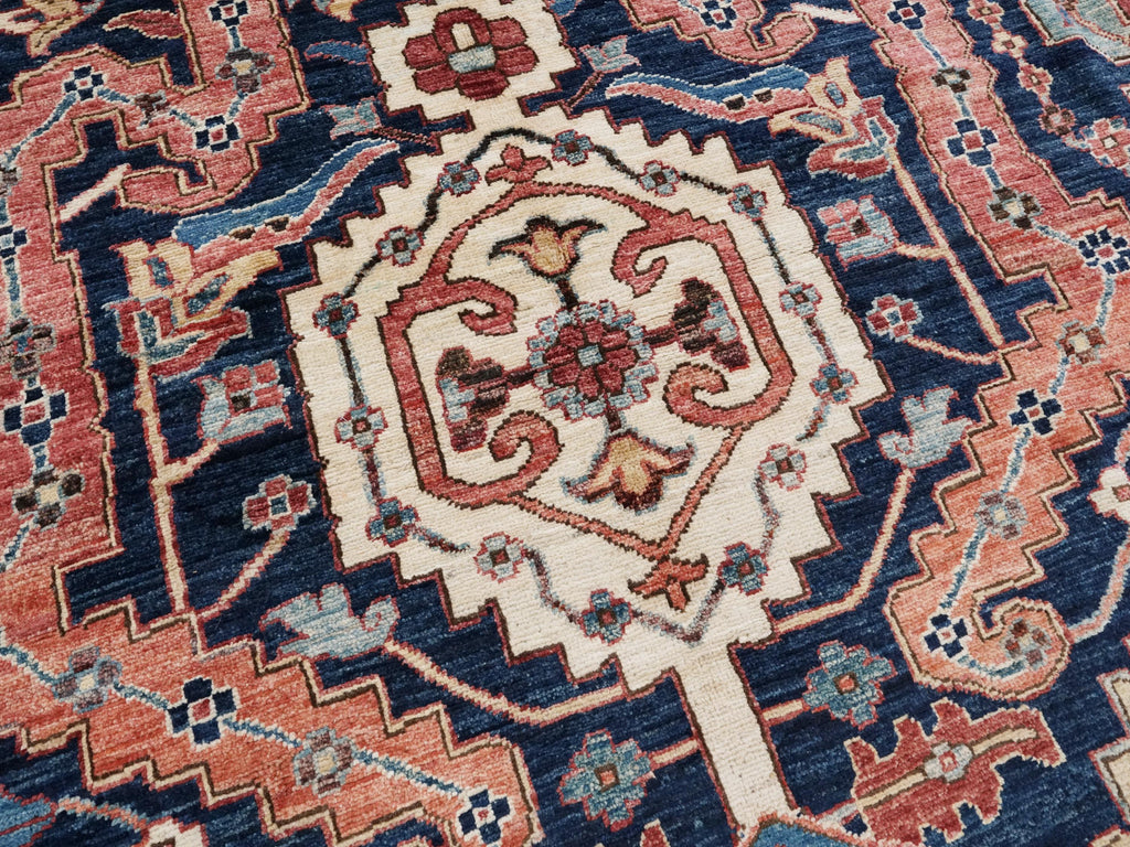 12x15 Ft Hand Knotted Afghan Heriz Rug - Blue & Red Wool Rug