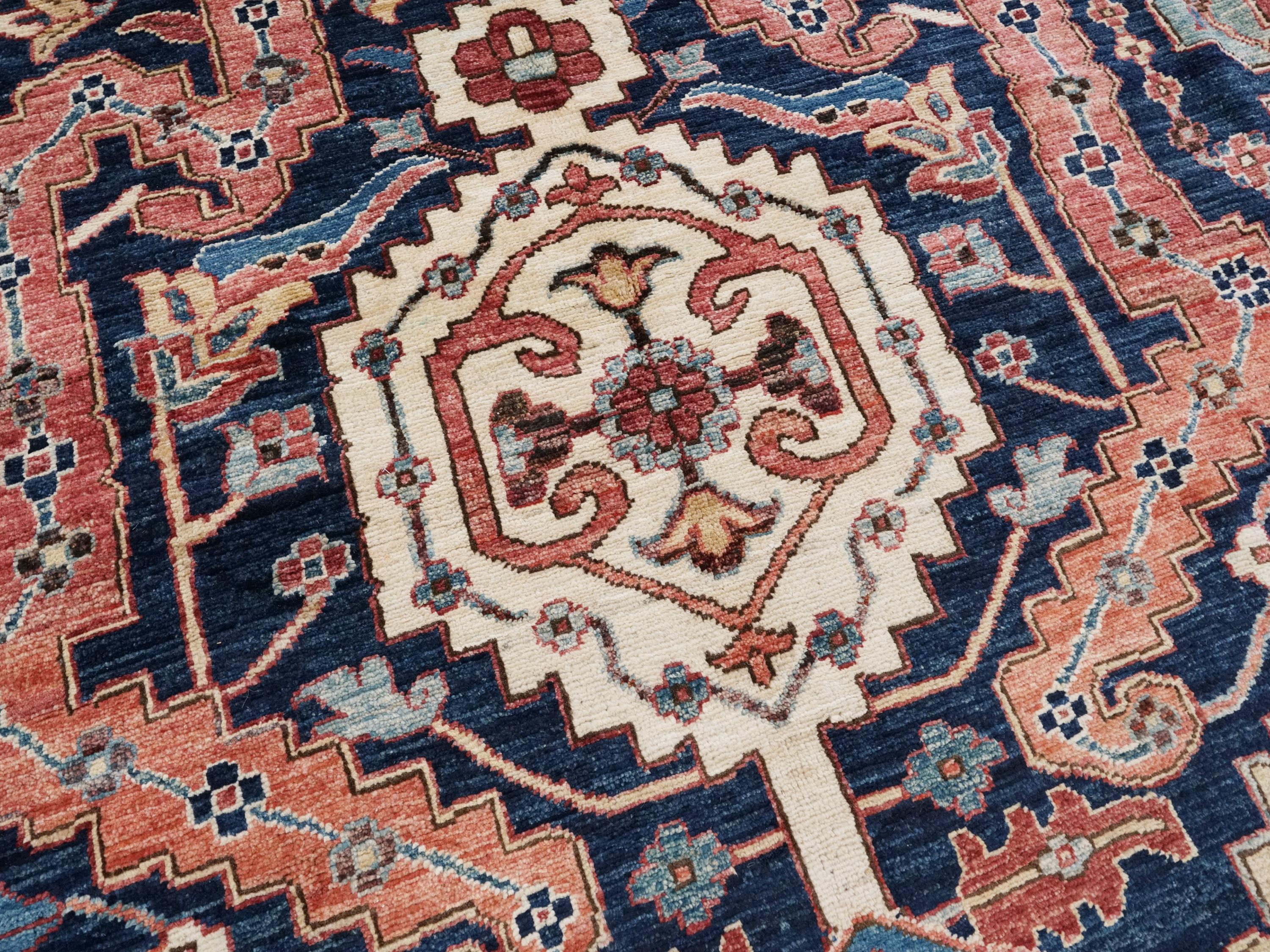 12x15 Ft Hand Knotted Afghan Heriz Rug - Blue & Red Wool Rug