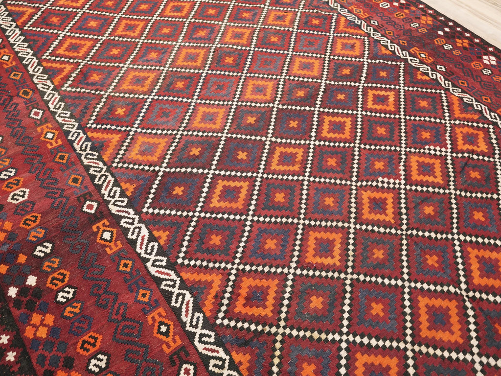 9x14 Ft Vintage Maimana Kilim Rug - Traditional Red Flat Weave