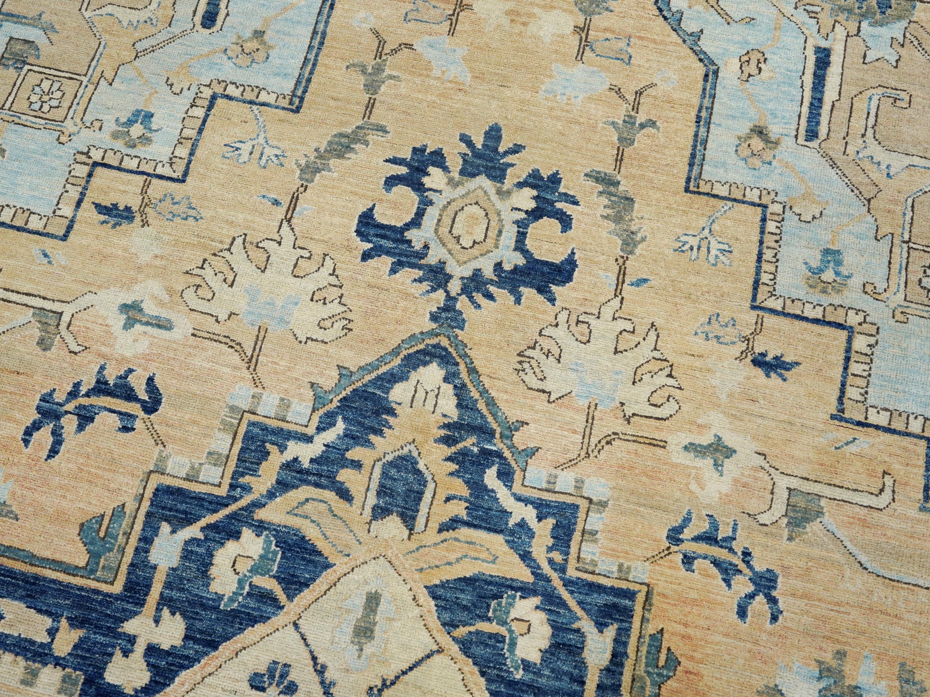 10x14 Ft Blue & Orange Heriz Rug - Hand Knotted Antique Rug