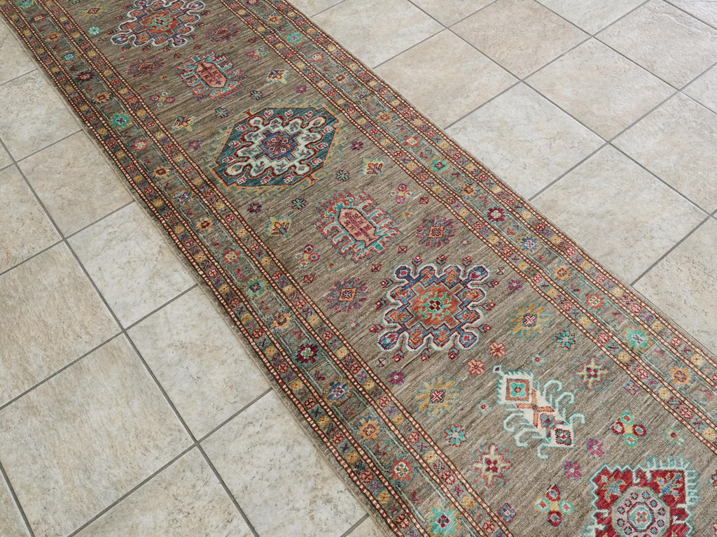 13 Ft Brown Kazak Runner Rug - Afghan Wool Hallway Rug