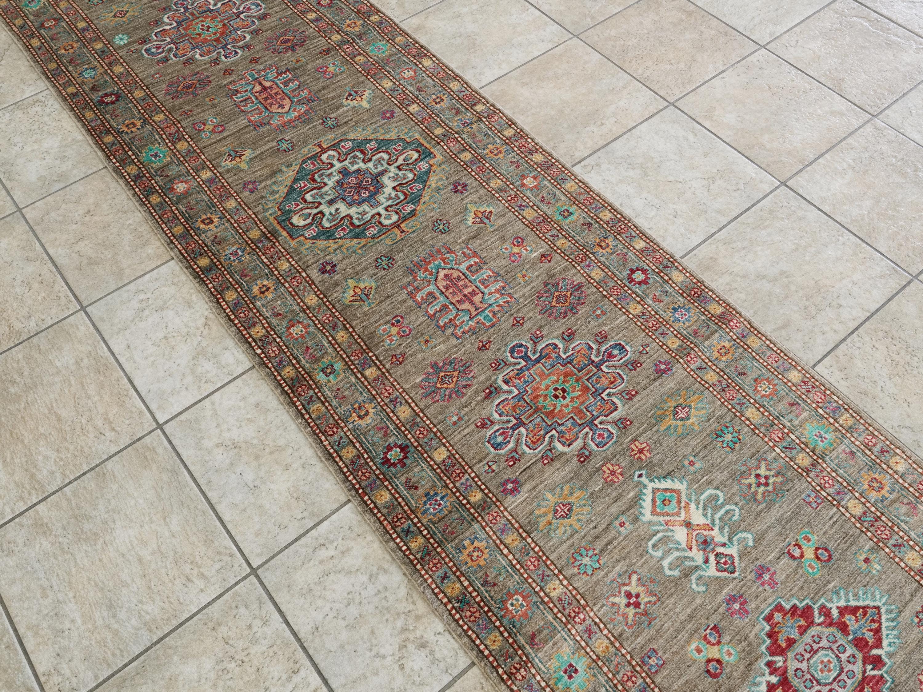 13 Ft Brown Kazak Runner Rug - Afghan Wool Hallway Rug