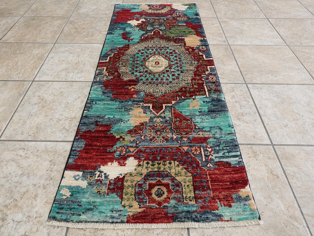 2x5 Ft Blue Afghan Mamluk Rug - Hand Knotted Ghazni Wool Hallway Runner