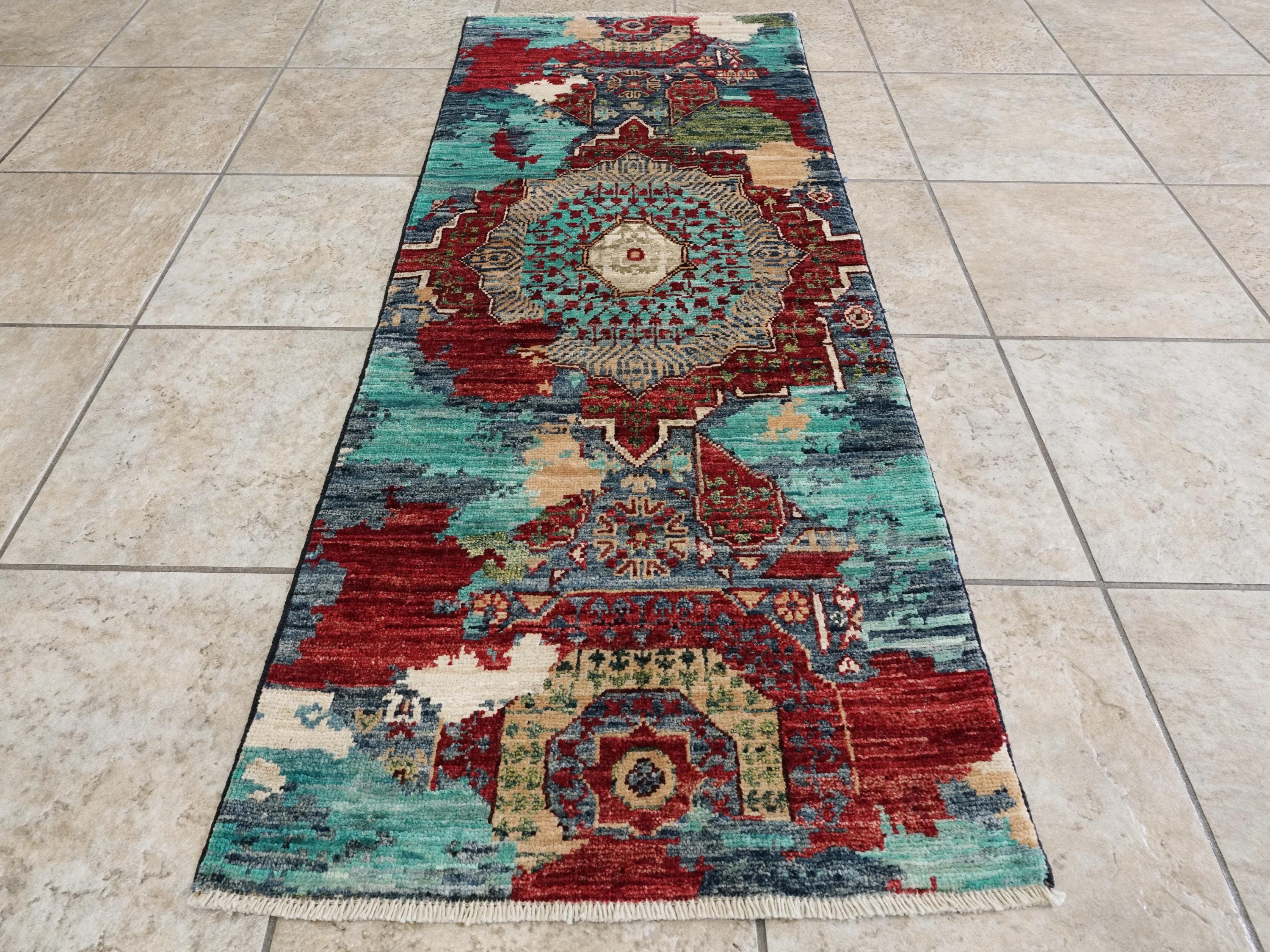 2x5 Ft Blue Afghan Mamluk Rug - Hand Knotted Ghazni Wool Hallway Runner