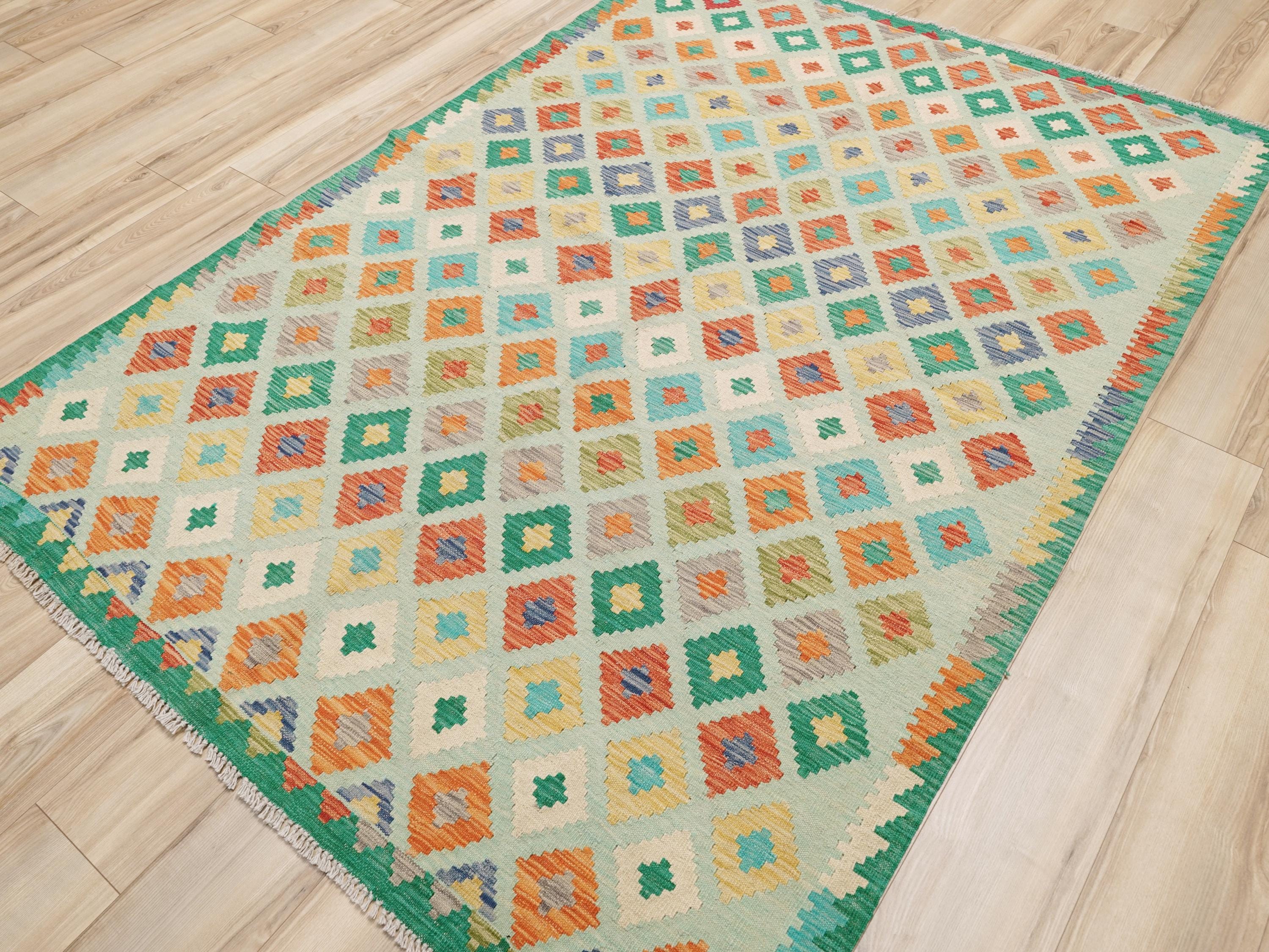 6x8 Ft Green Kilim Rug - Traditional Wool Flat Weave - Geometric Design