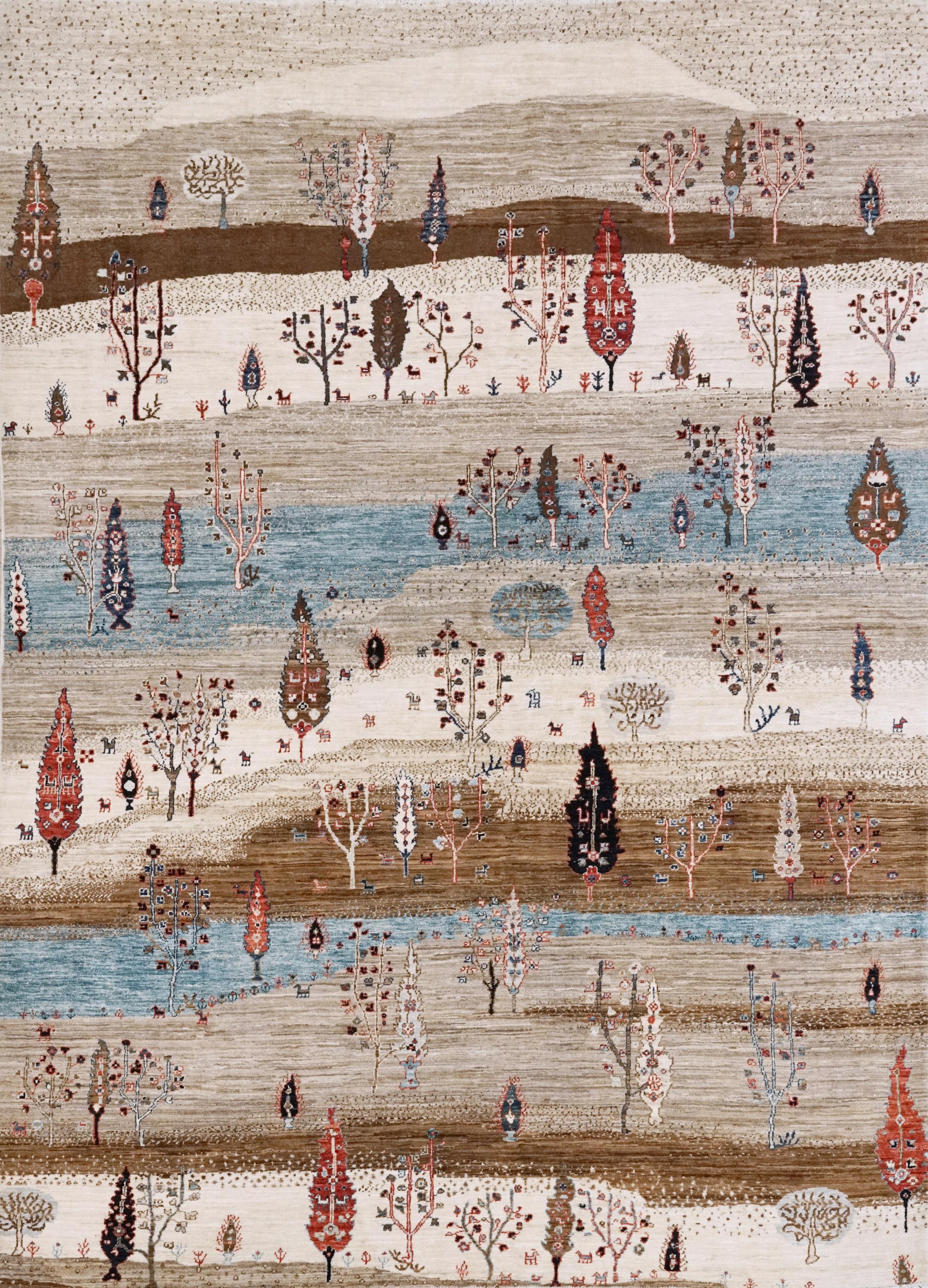 6x9 Ft Beige Landscape Rug - Hand Knotted Oriental Rug