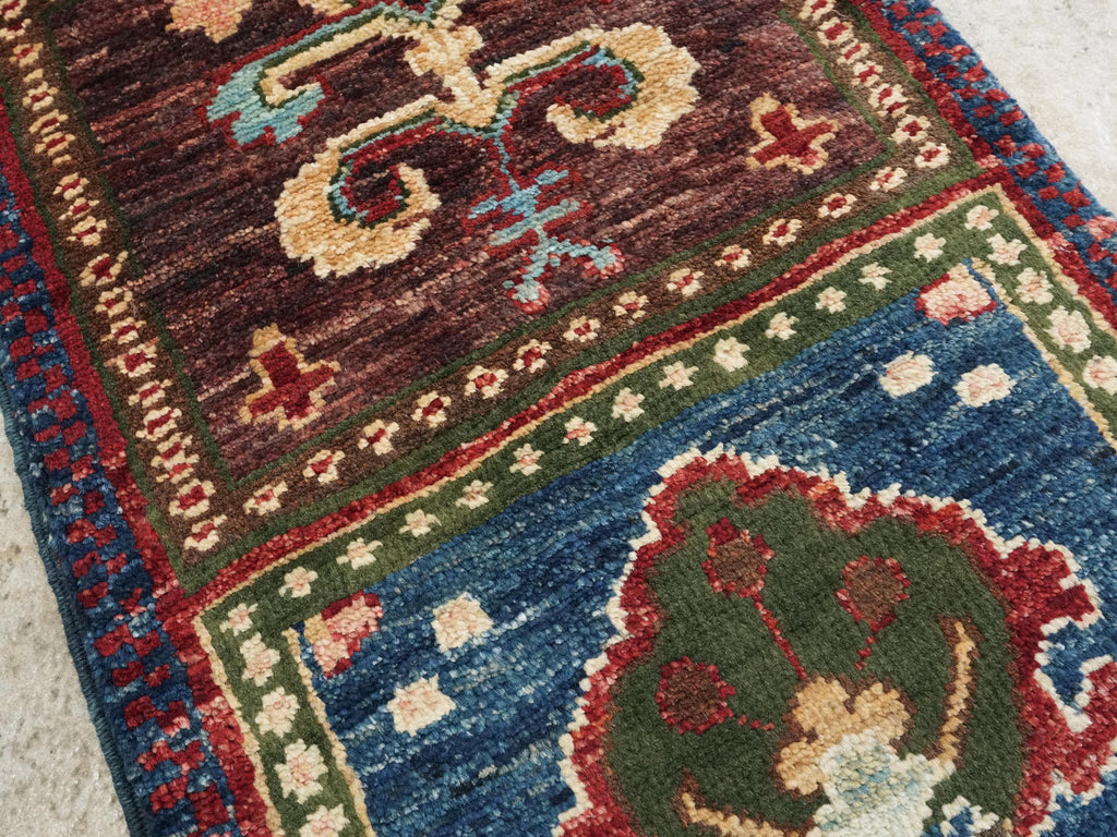 1x2 Ft Hand Knotted Brown Heriz Rug - Ghazni Wool Accent Rug