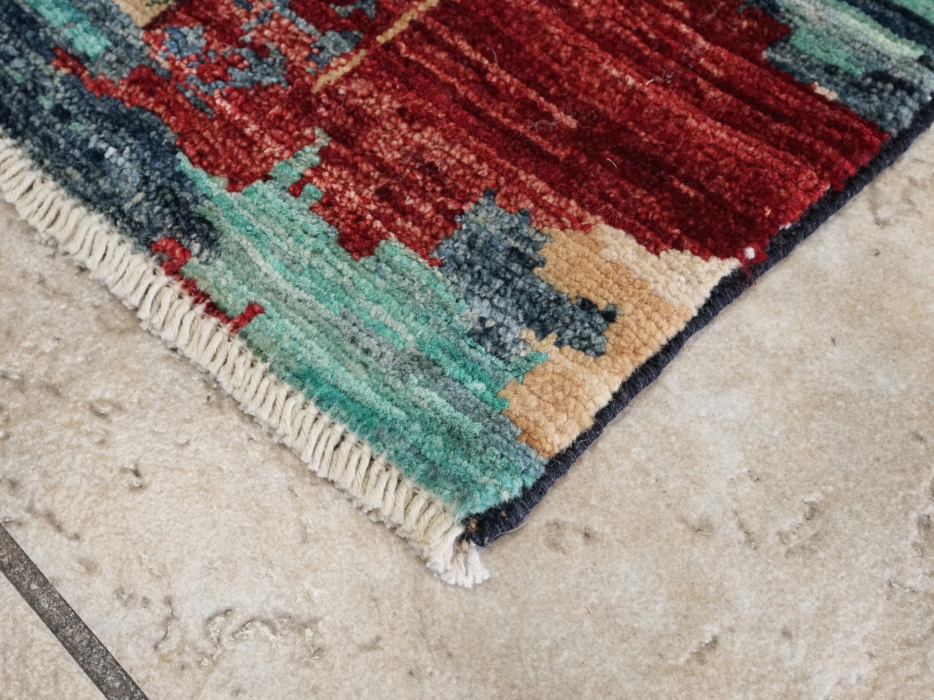 2x5 Ft Blue Afghan Mamluk Rug - Hand Knotted Ghazni Wool Hallway Runner
